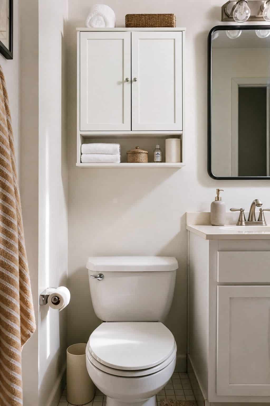 Standard Wall Cabinet above toilet storage idea in a small apartment bathroom