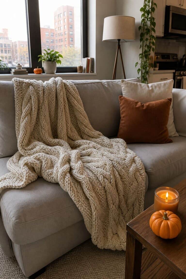 Layer a Cable Knit Throw Over Your Existing Couch in a small apartment