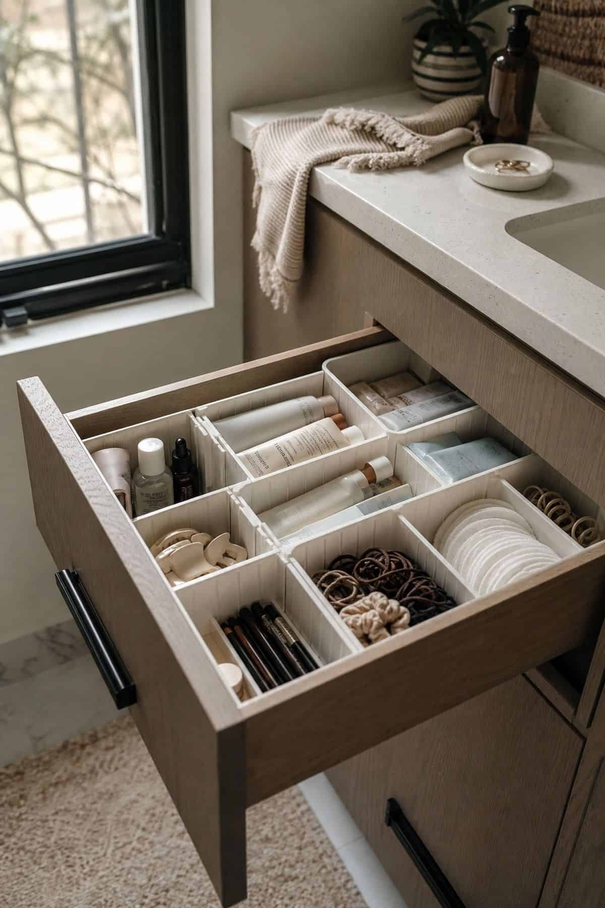 Adjustable Drawer Dividers for small apartment bathroom counter organization