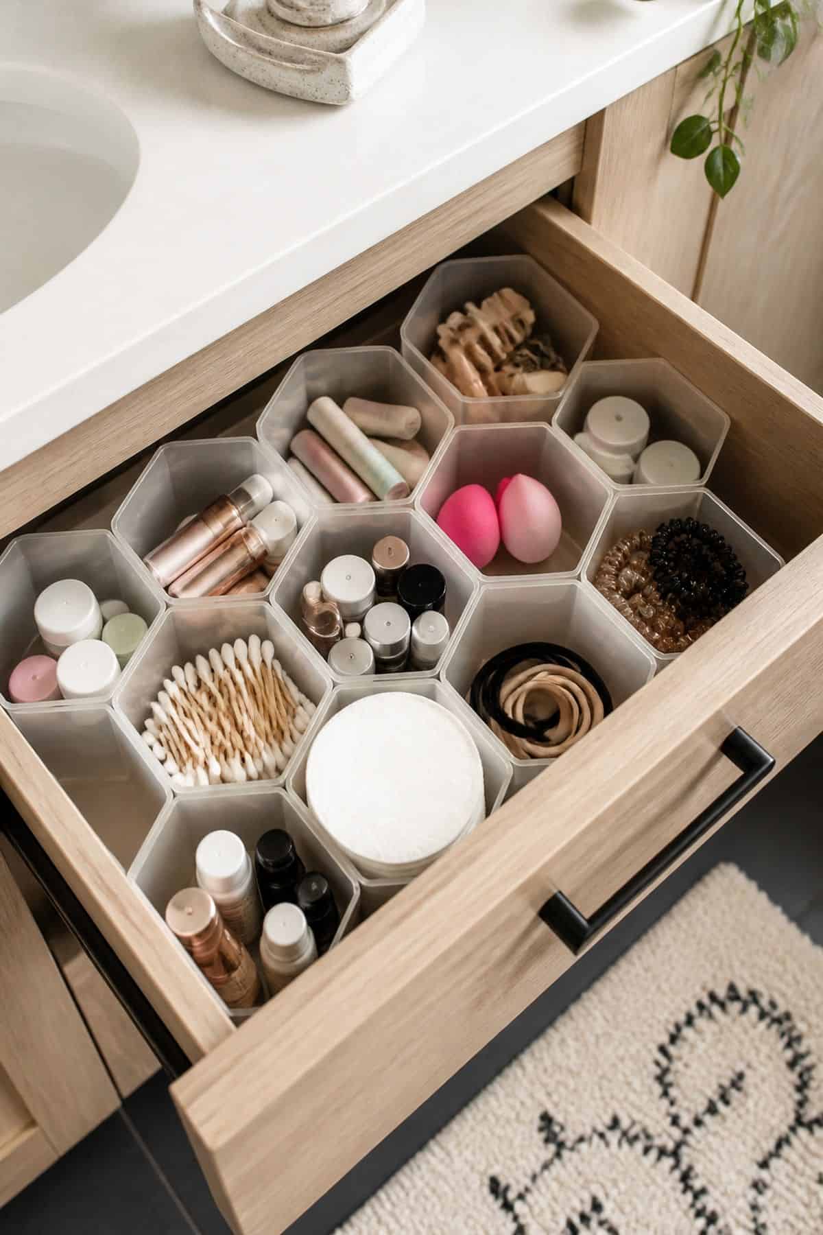 Honeycomb Drawer Organizers for small apartment bathroom counter organization