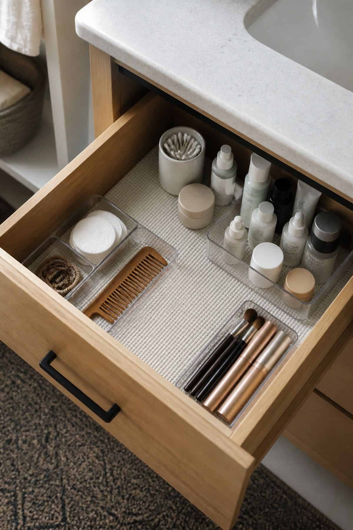 Custom-Cut Drawer Liners for small apartment bathroom counter organization