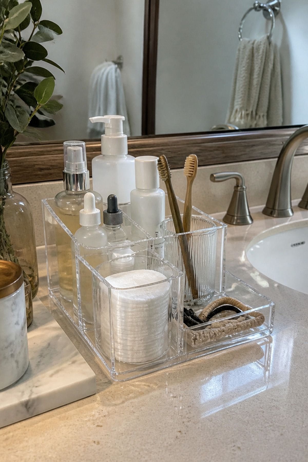 Acrylic Counter Caddy for small apartment bathroom counter organization