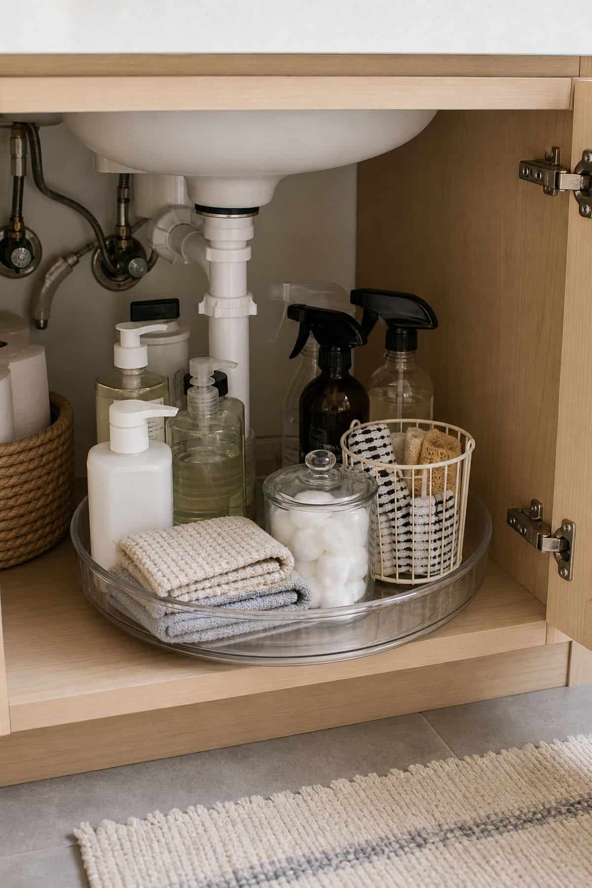 Under-Sink Turntable for small apartment bathroom counter organization