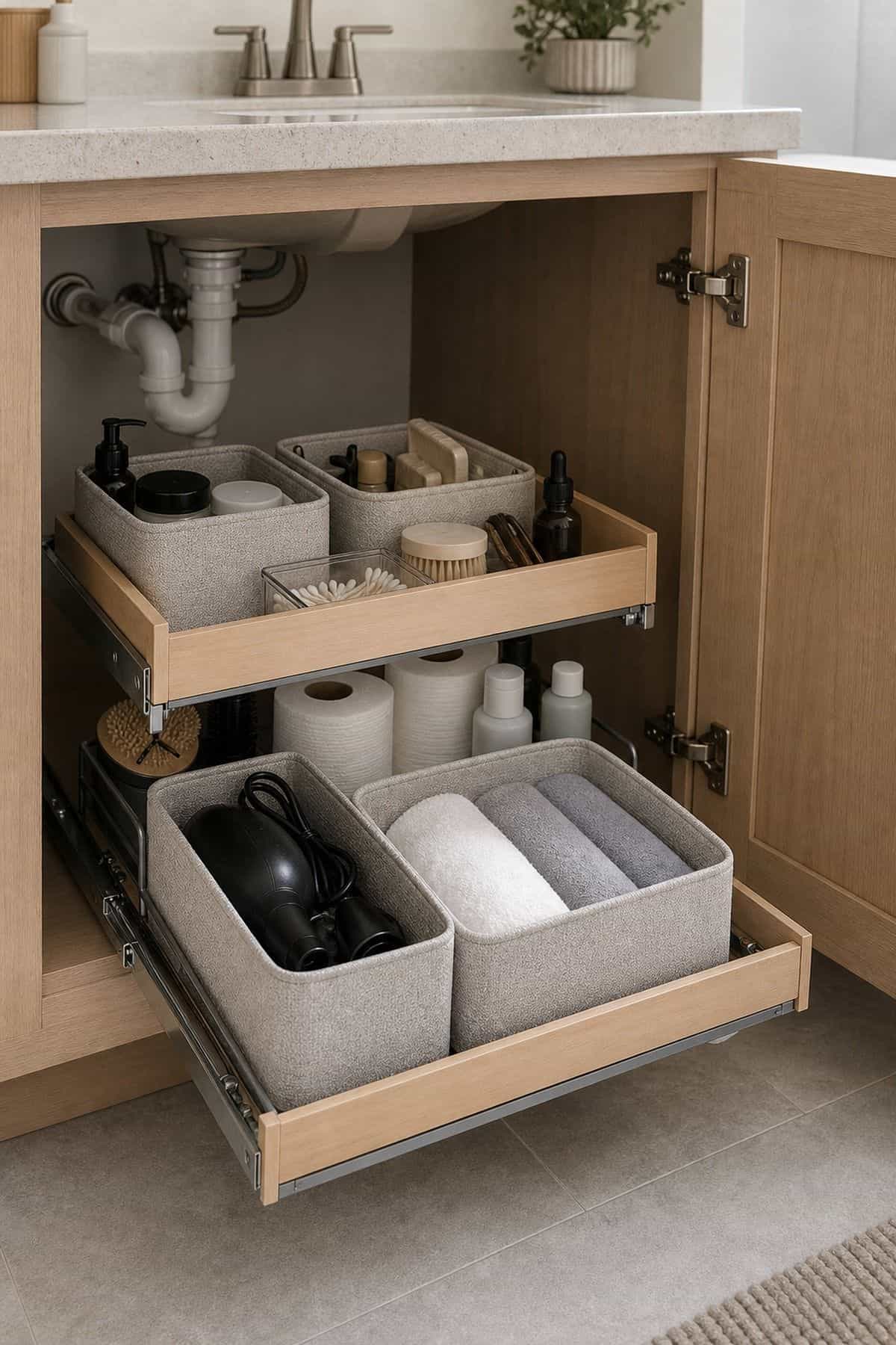 Roll-Out Drawer Kit for small apartment bathroom counter organization
