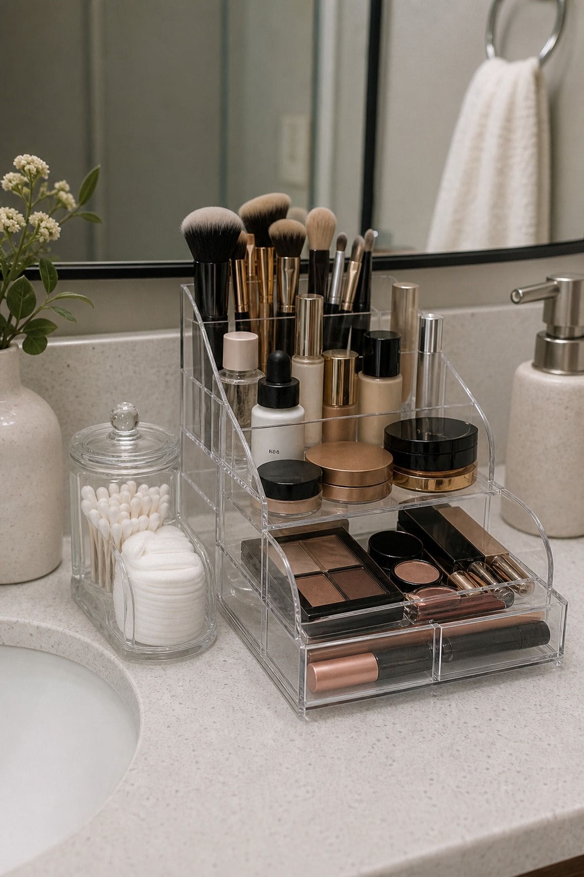 Tiered Makeup Organizer for small apartment bathroom counter organization