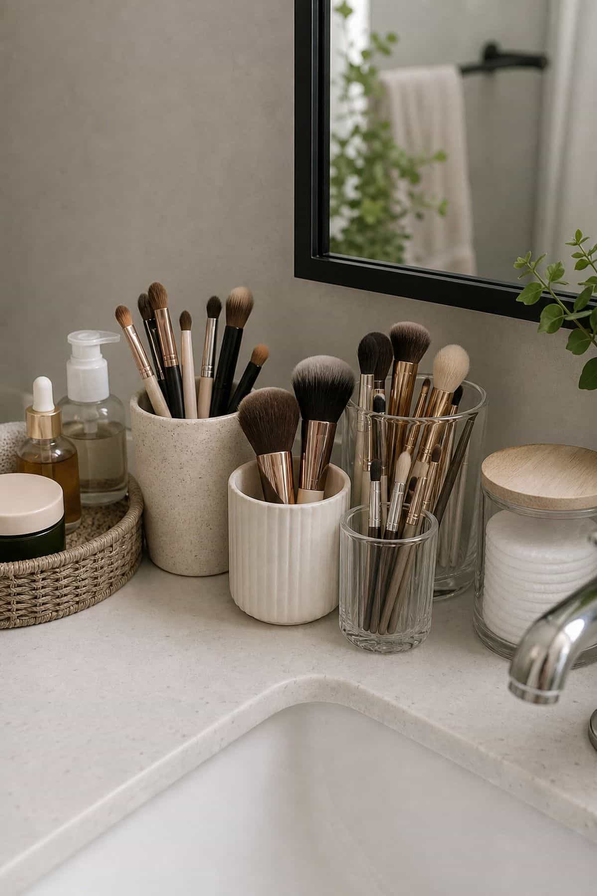 Brush Holder Group for small apartment bathroom counter organization