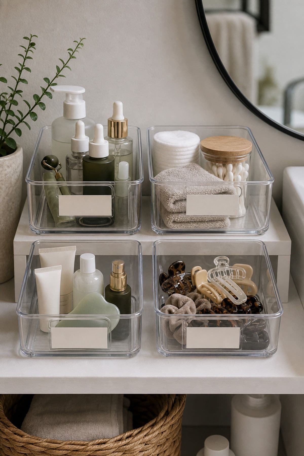 Labeled Acrylic Bin Set for small apartment bathroom counter organization