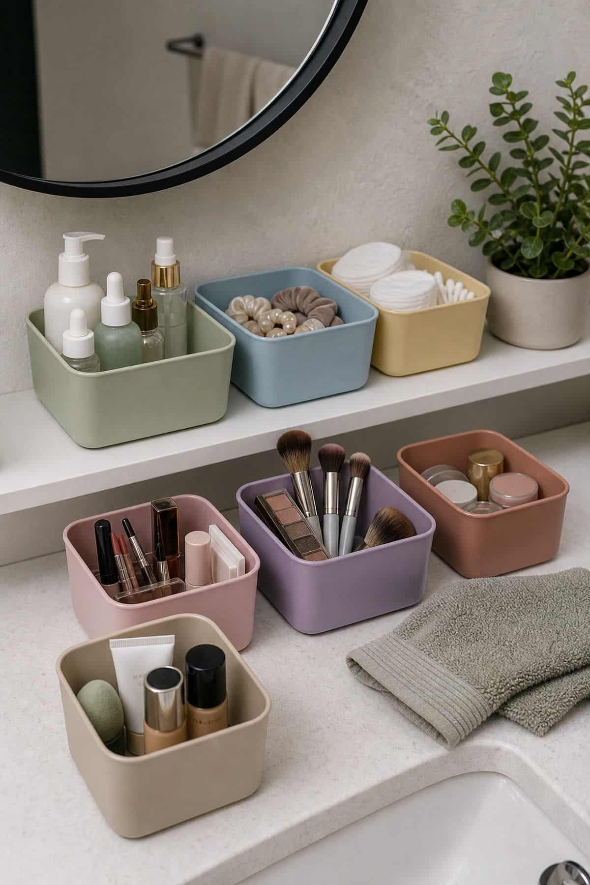 Color-Coded Container System for small apartment bathroom counter organization