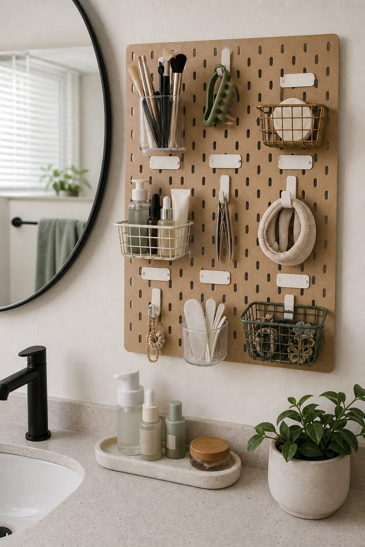 Wall-Mounted Pegboard With Labels for small apartment bathroom counter organization