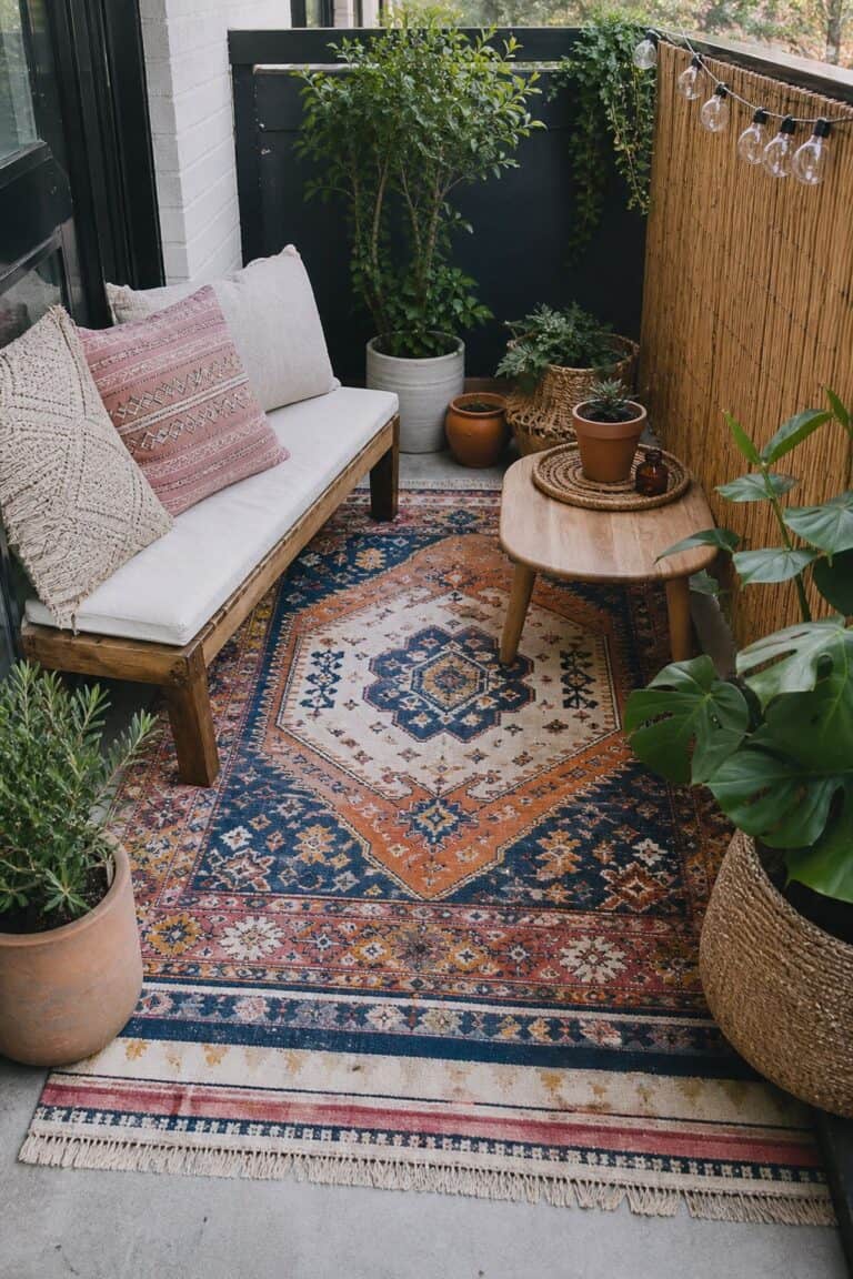 Use colorful patterned outdoor rugs to define the space boho outdoor patio idea