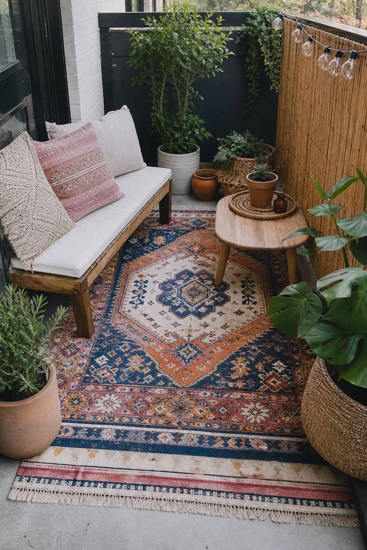 Use colorful patterned outdoor rugs to define the space boho outdoor patio idea