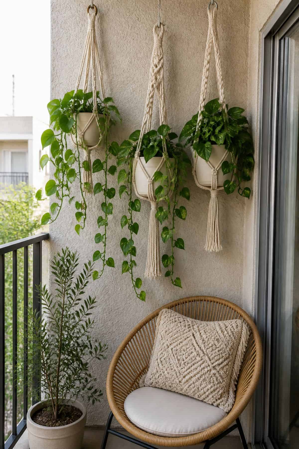 Hang macramé plant holders with cascading greenery boho outdoor patio idea