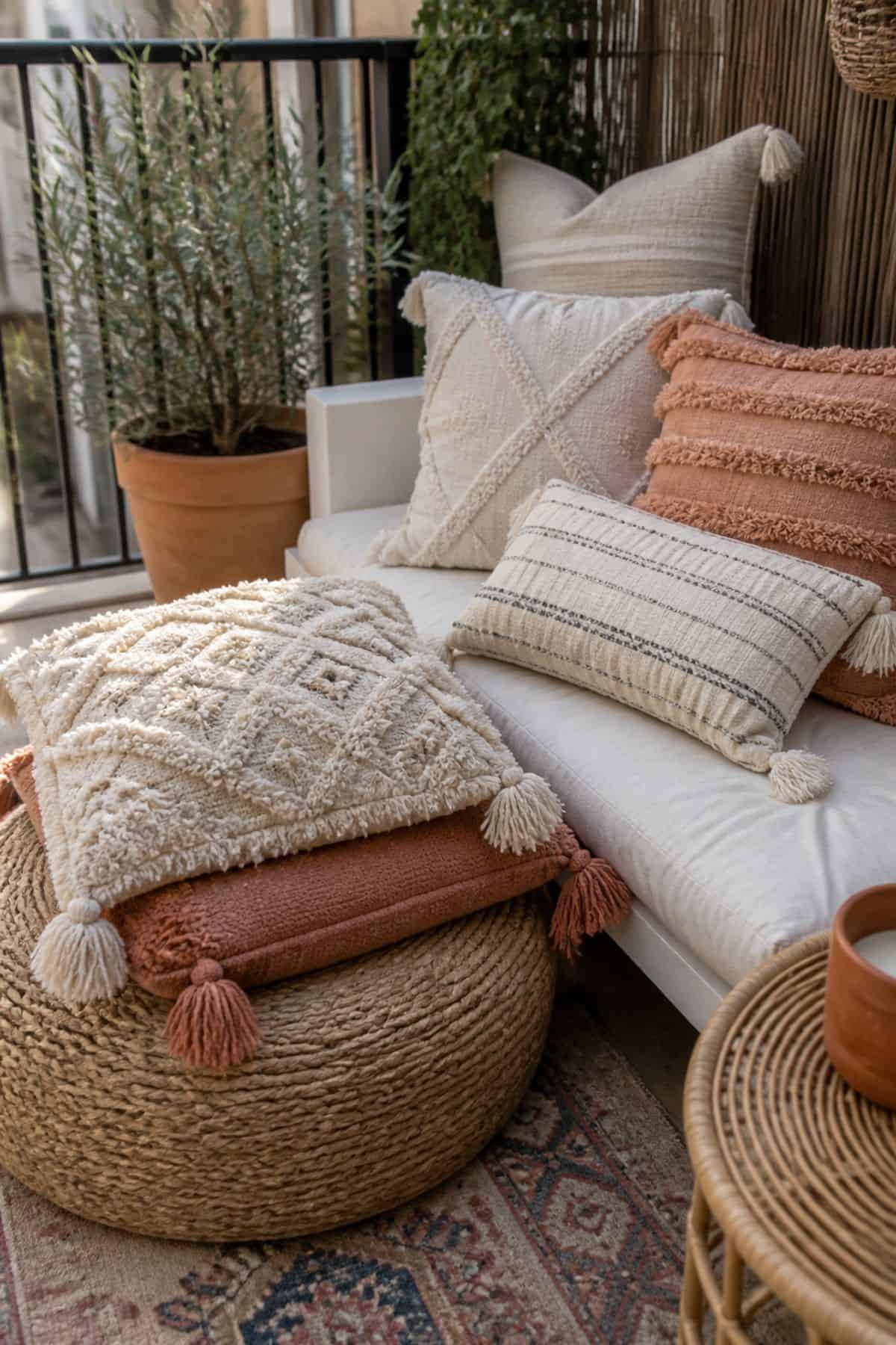 Incorporate a mix of textured throw pillows and poufs boho outdoor patio idea