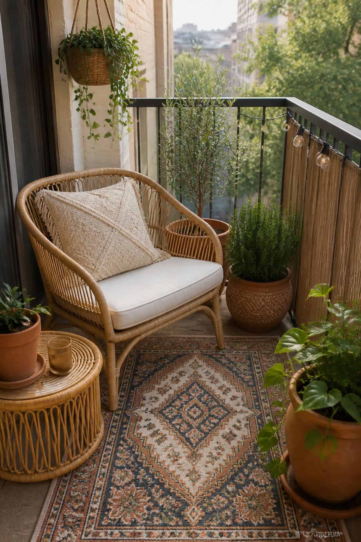 Add rattan or wicker furniture for natural vibes boho outdoor patio idea