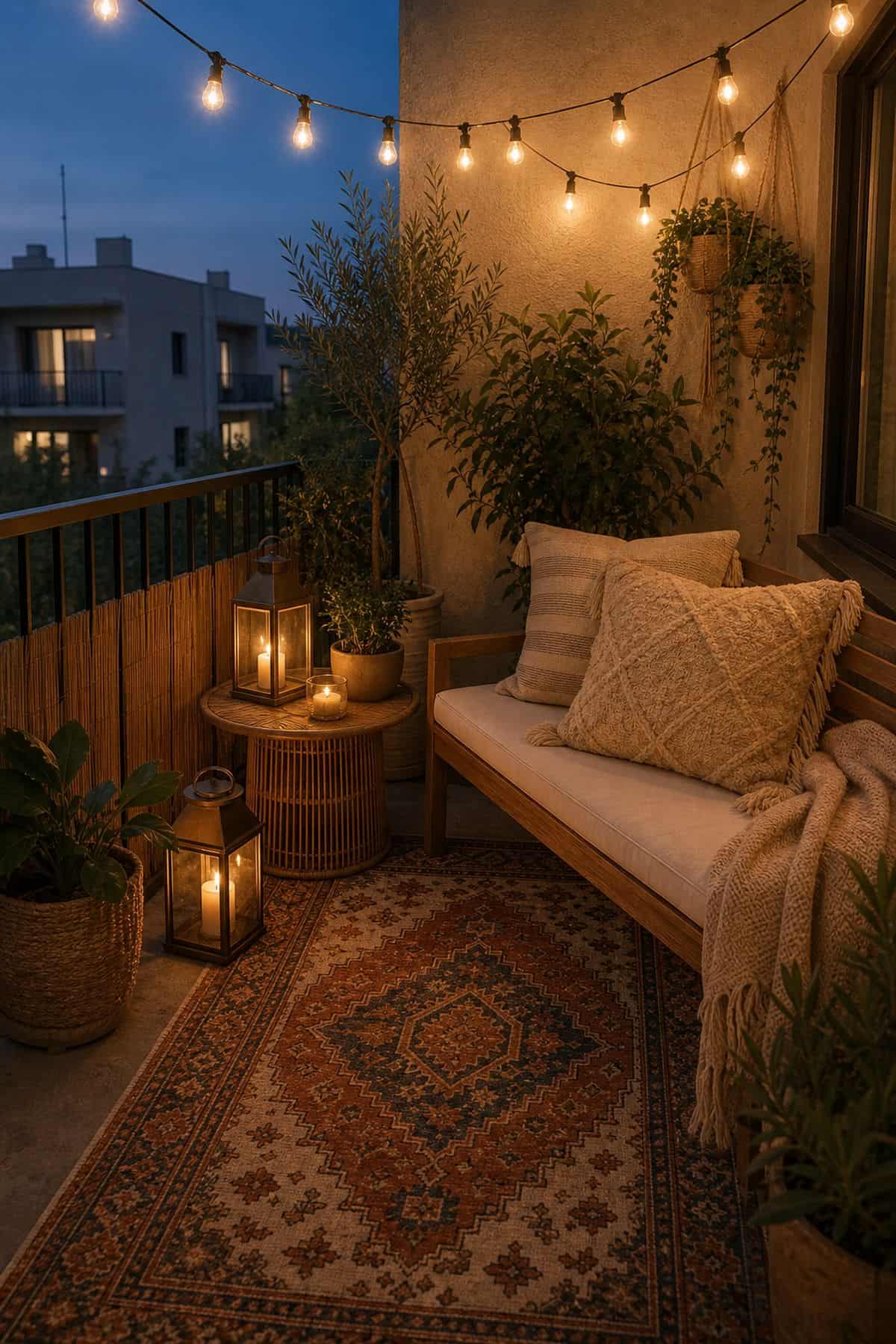 Use string lights or lanterns for warm, soft lighting boho outdoor patio idea