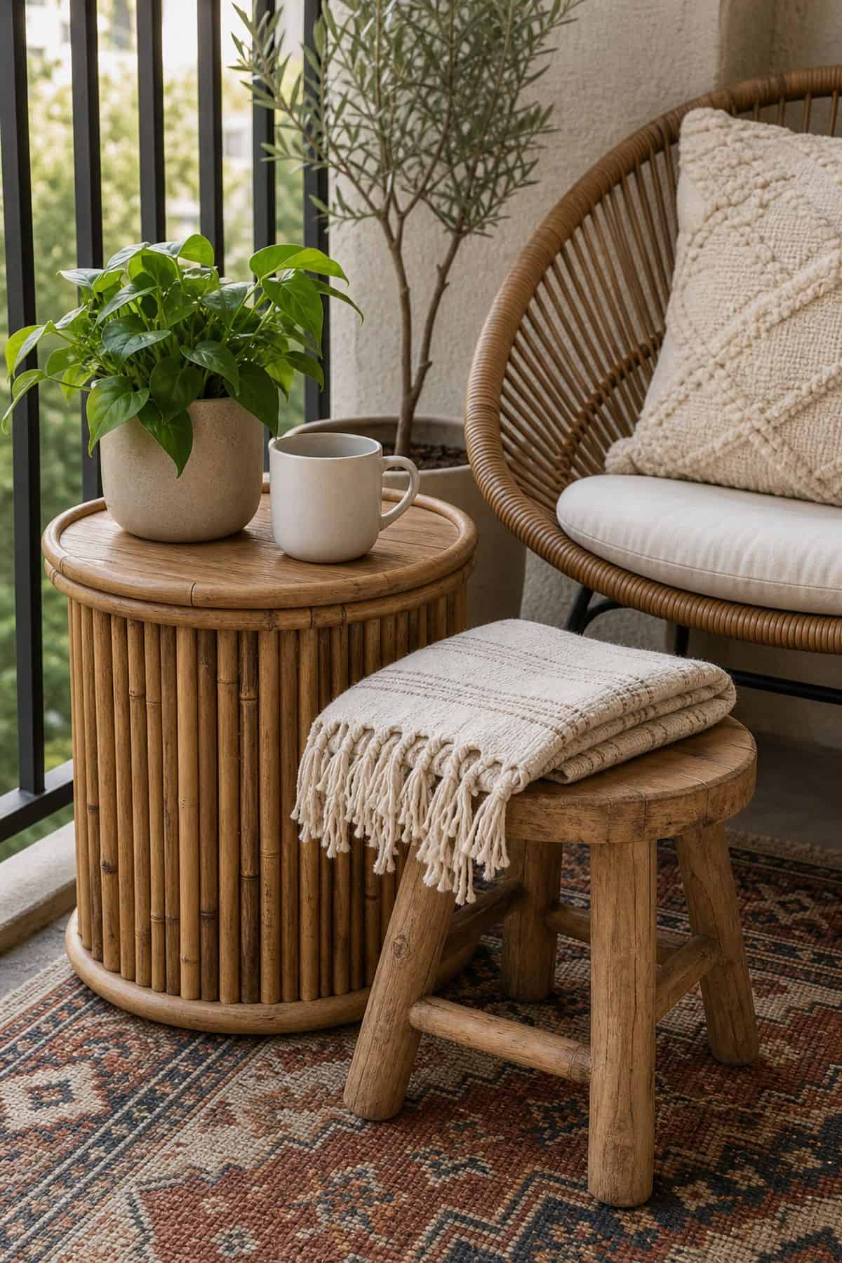 Include wooden or bamboo side tables and stools boho outdoor patio idea