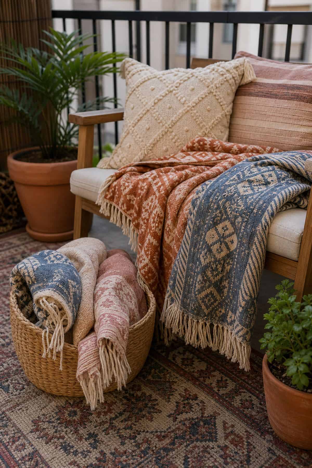 Layer blankets and throws in lively colors and patterns boho outdoor patio idea