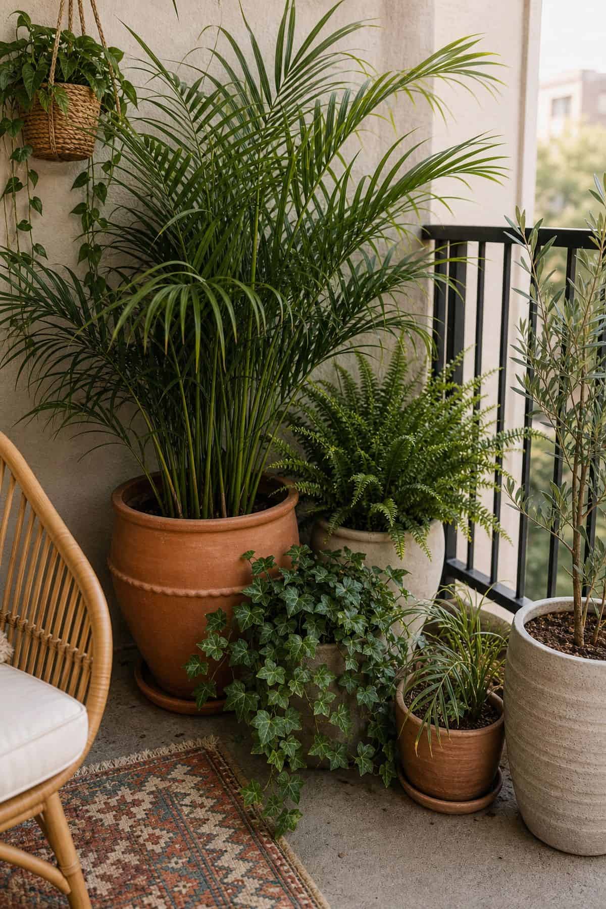 Add large potted plants like palms or ferns boho outdoor patio idea