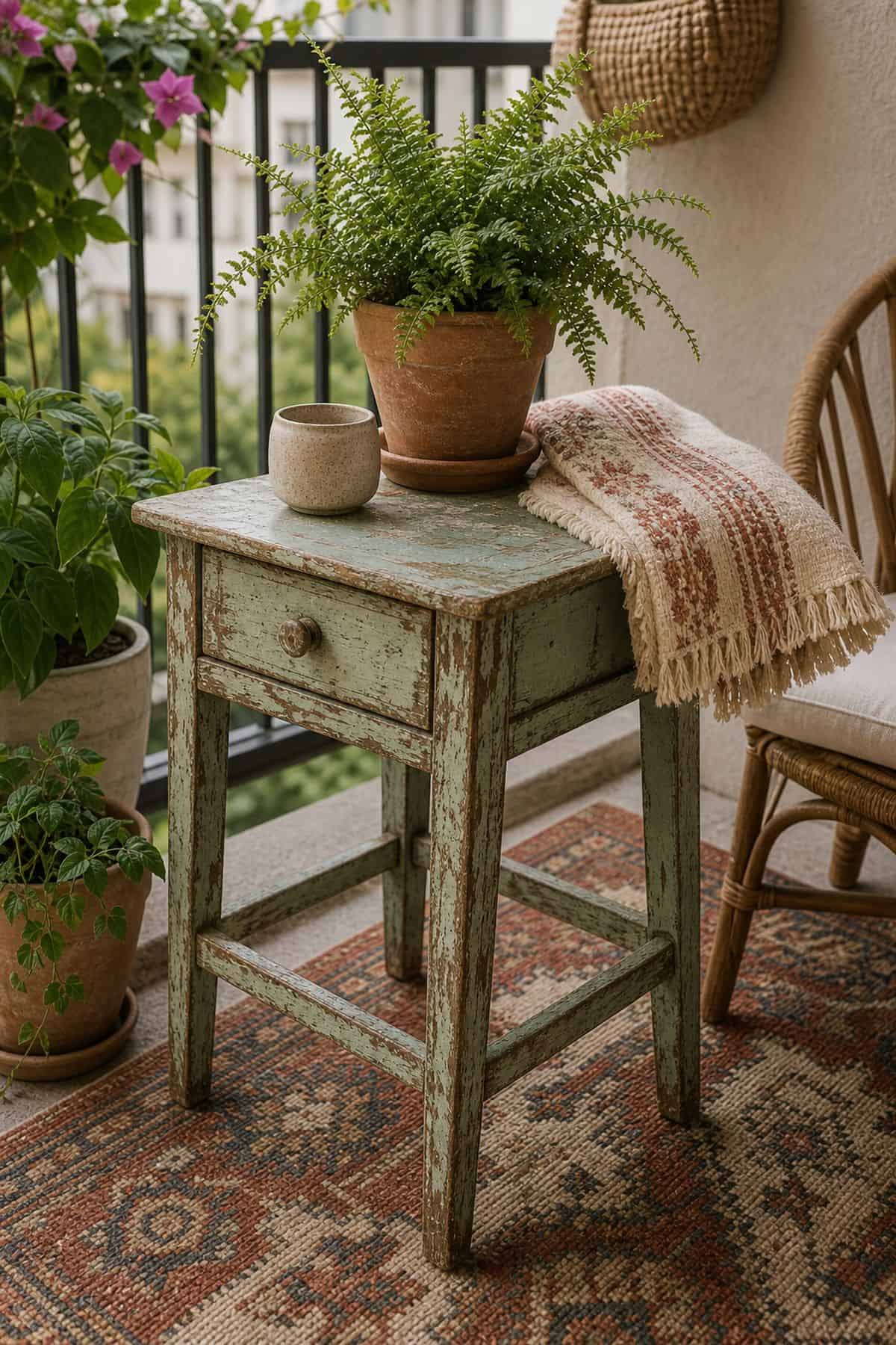 Use vintage or distressed furniture pieces for character boho outdoor patio idea