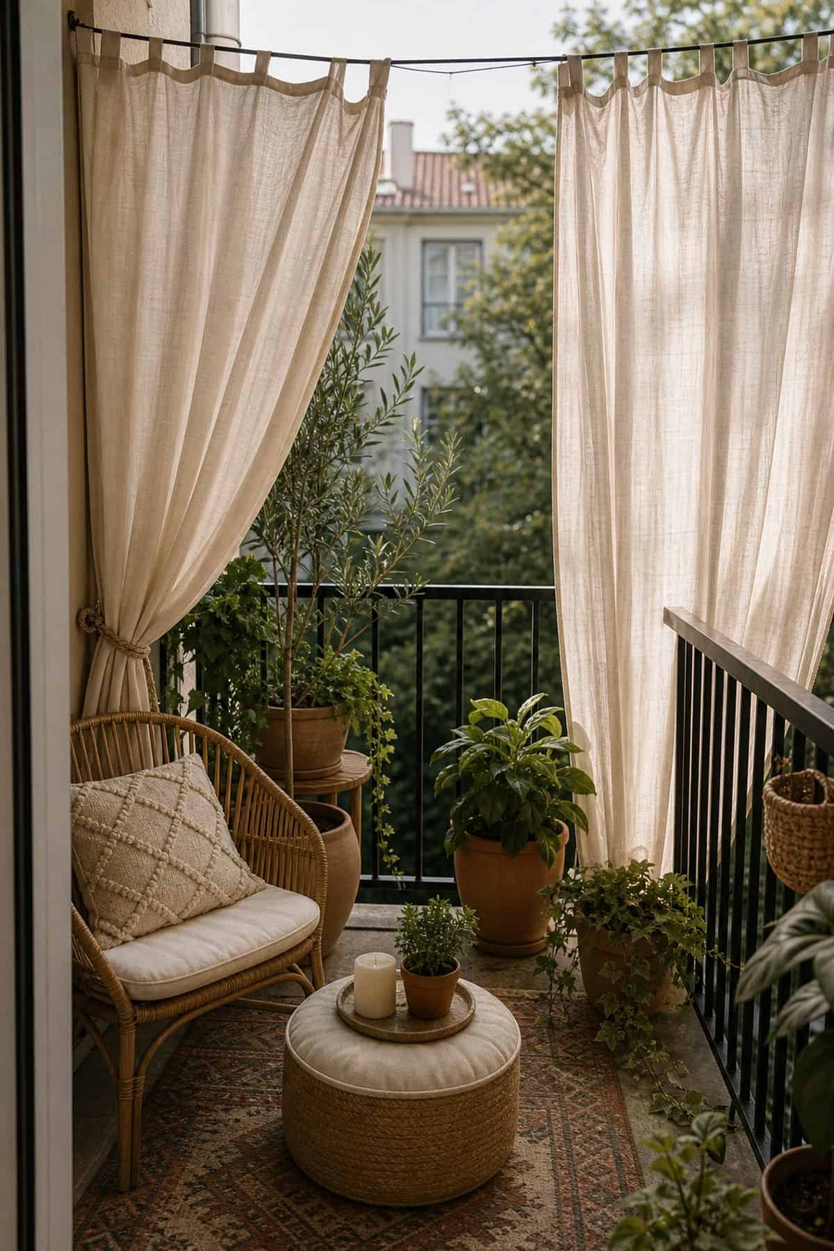 Hang fabric drapes or curtains for a cozy feel boho outdoor patio idea