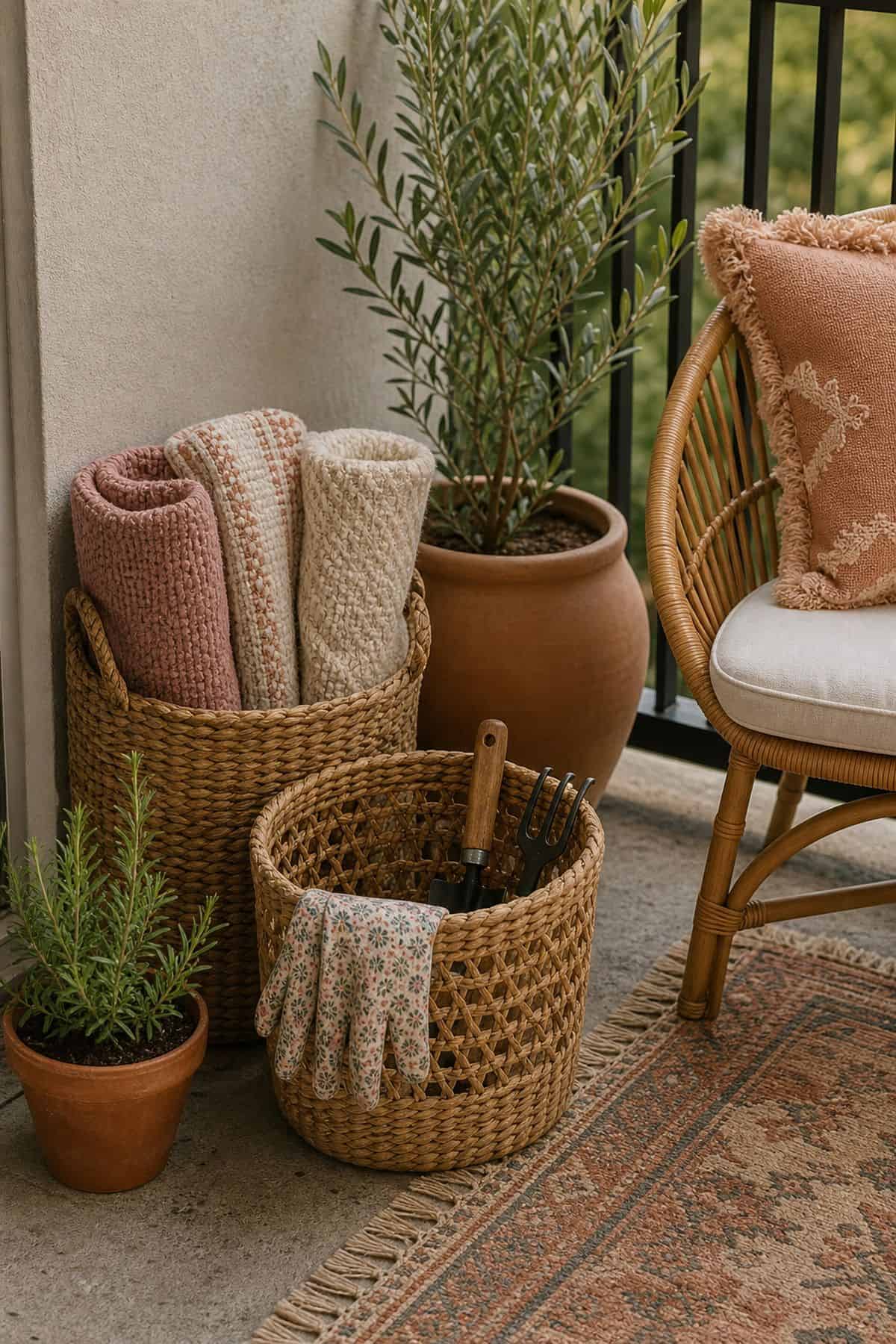 Incorporate woven baskets for storage and decor boho outdoor patio idea