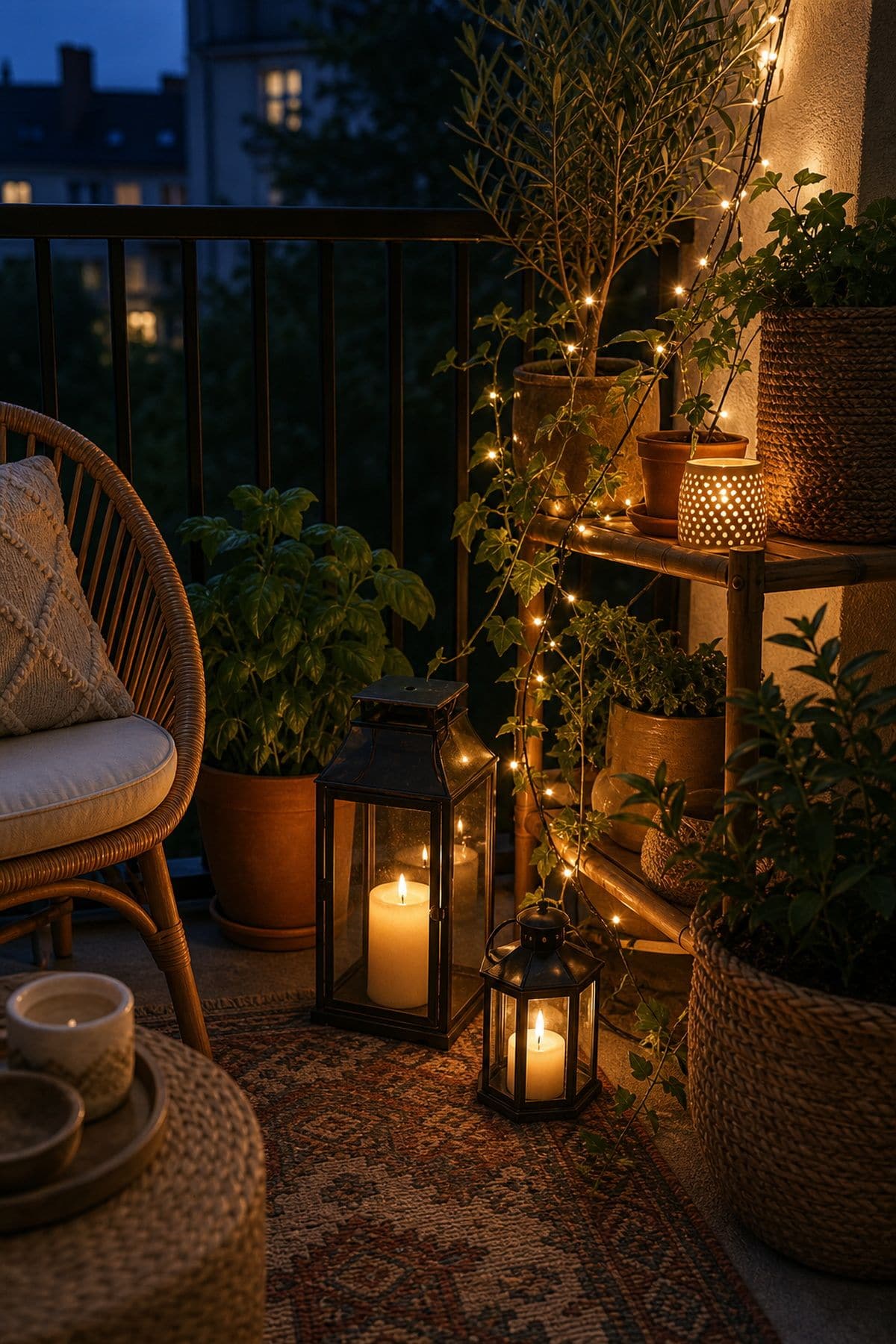 Add candle lanterns or fairy lights for ambiance boho outdoor patio idea