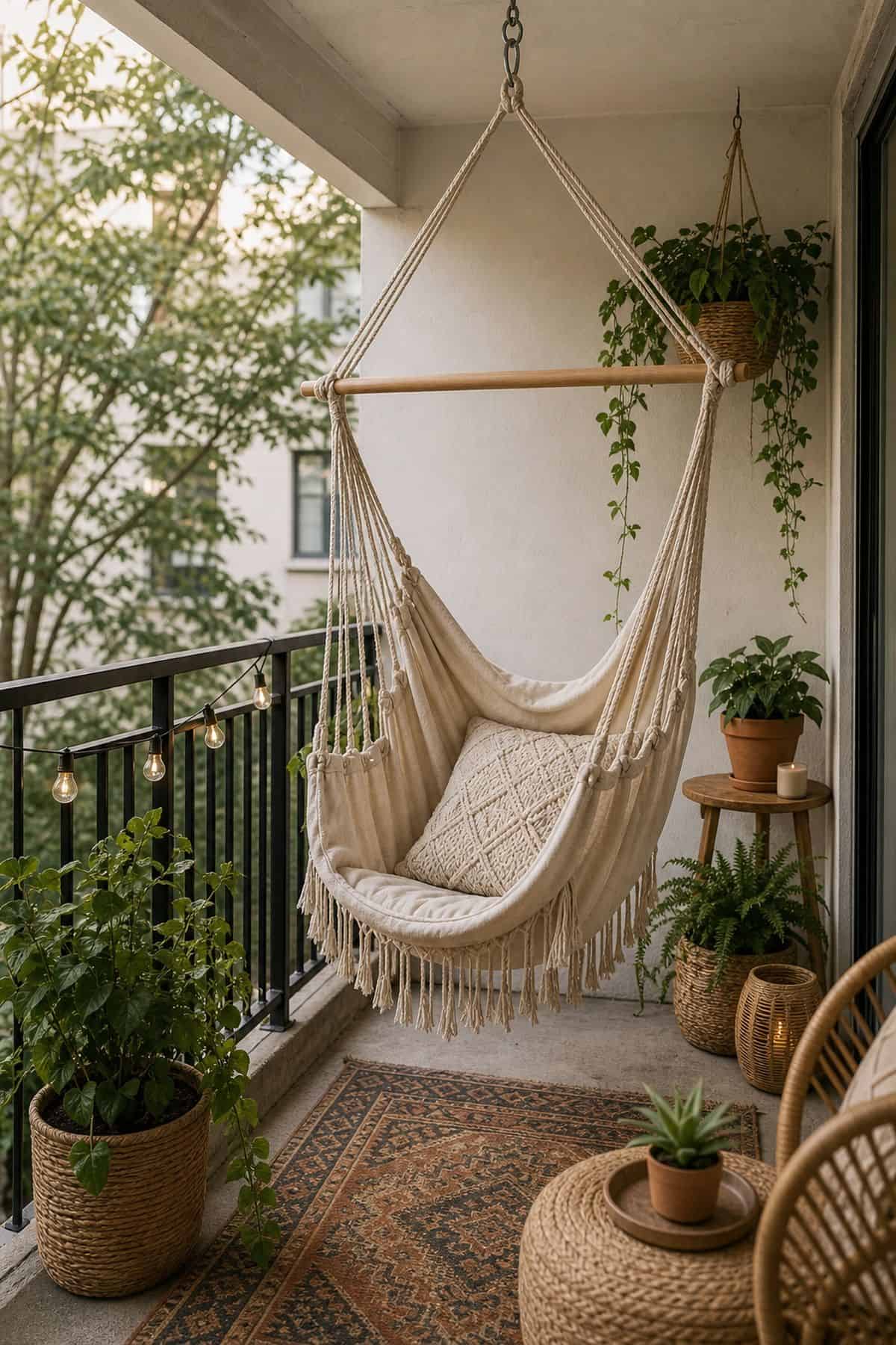 Place a hammock or swing chair for relaxation boho outdoor patio idea
