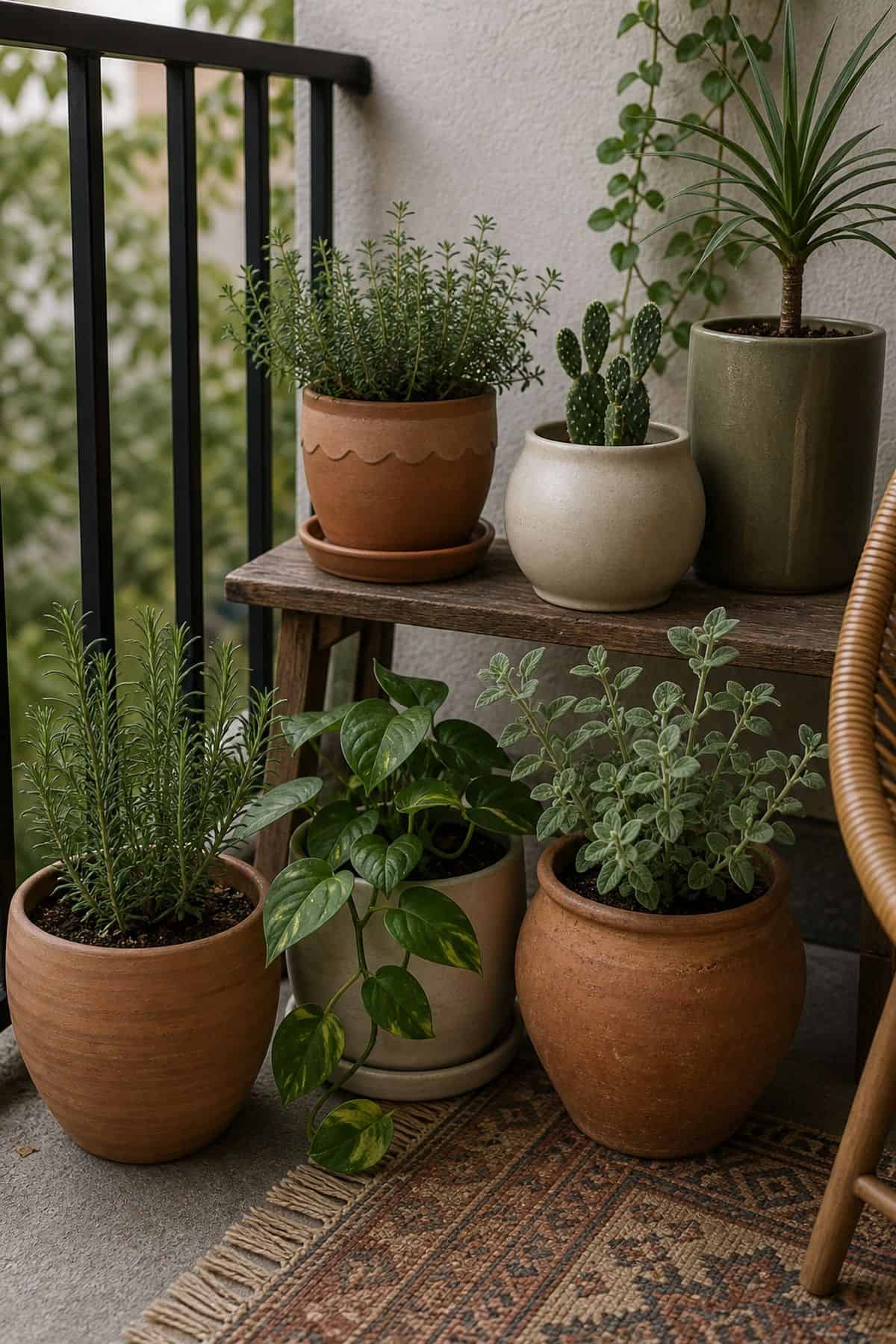 Use earthy-toned ceramics and planters boho outdoor patio idea