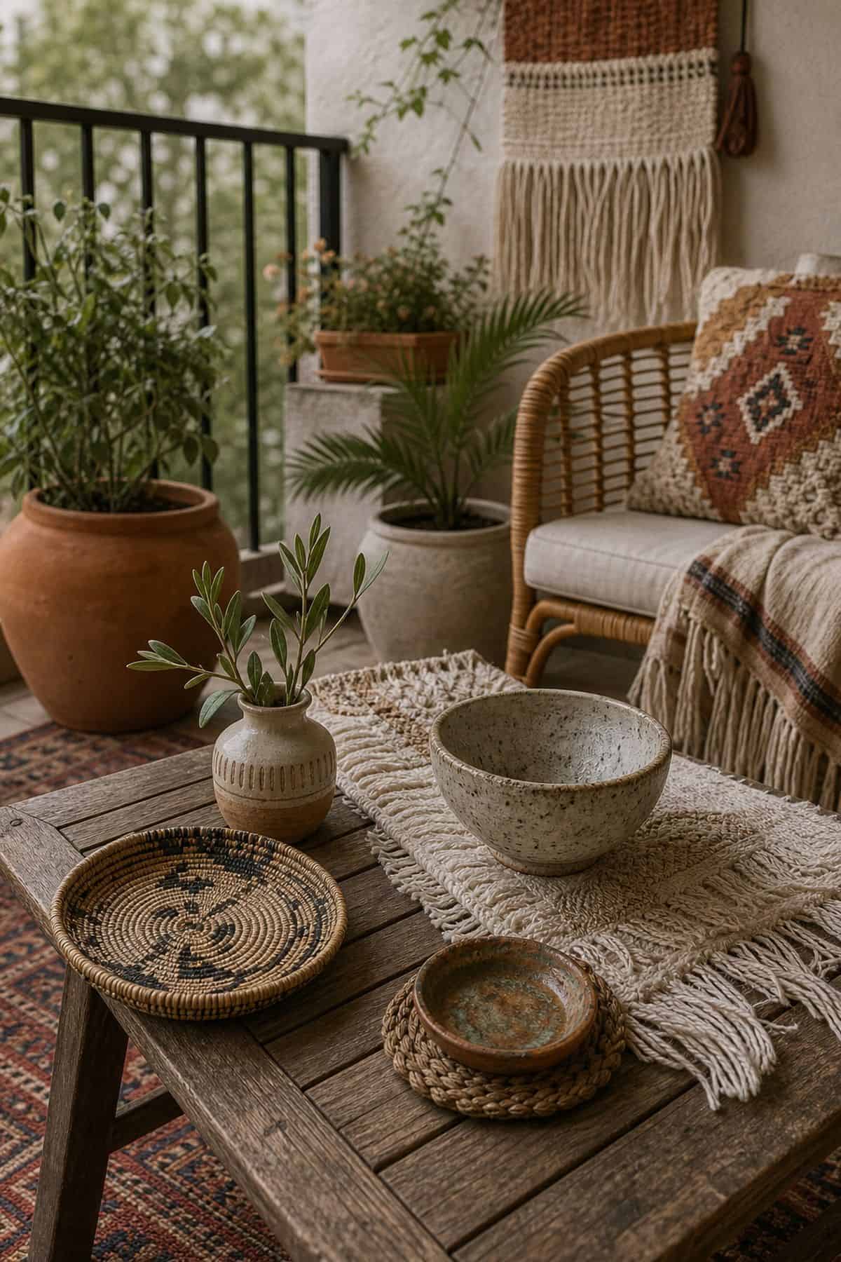 Incorporate handmade or artisan decor like pottery or textiles boho outdoor patio idea