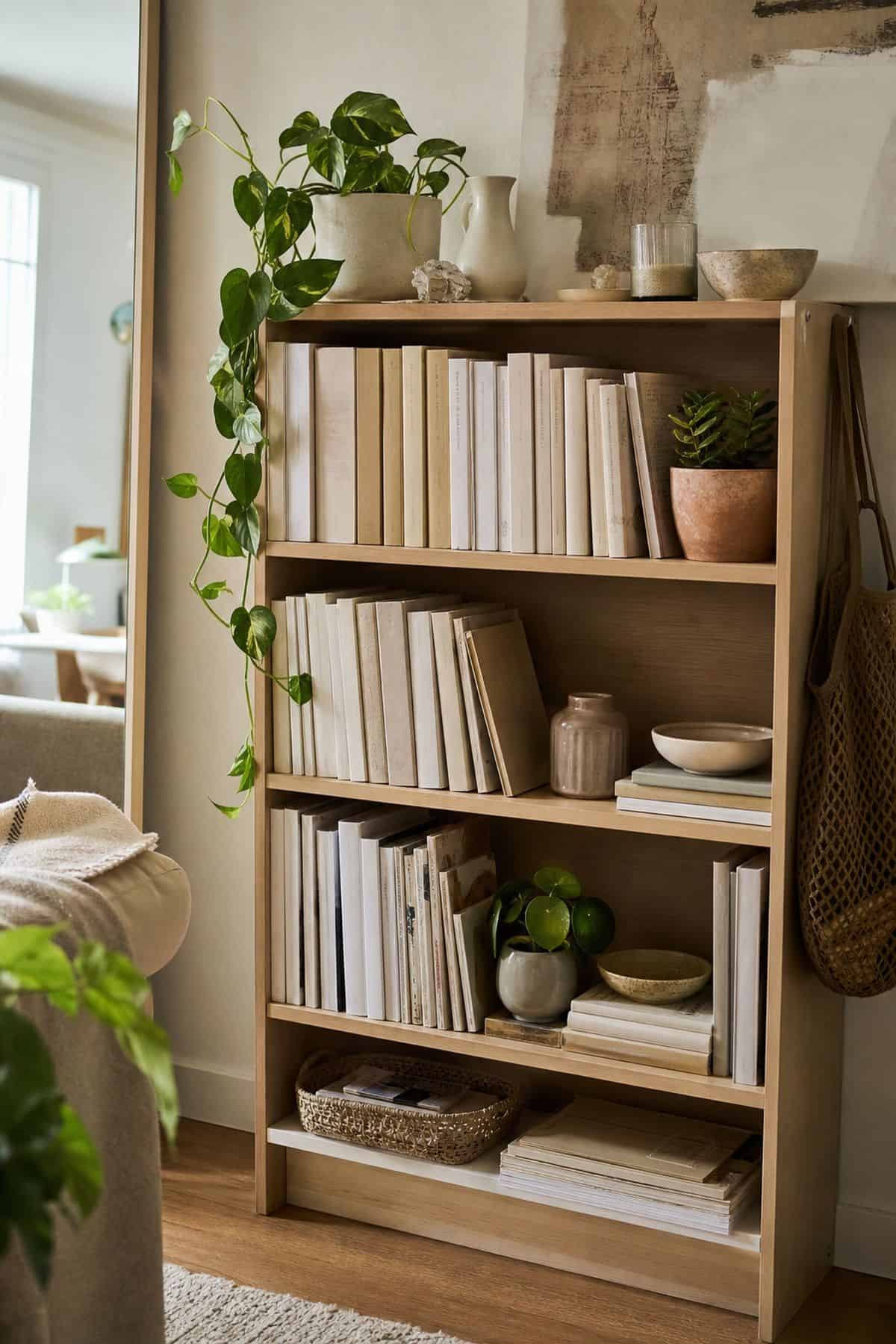 Pale Cream and Linen Book Spine Reorganization on a summer styled small apartment bookshelf