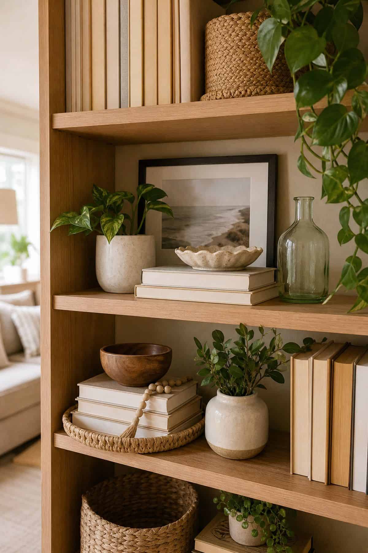 Horizontal Book Stacks With Decor on Top on a summer styled small apartment bookshelf