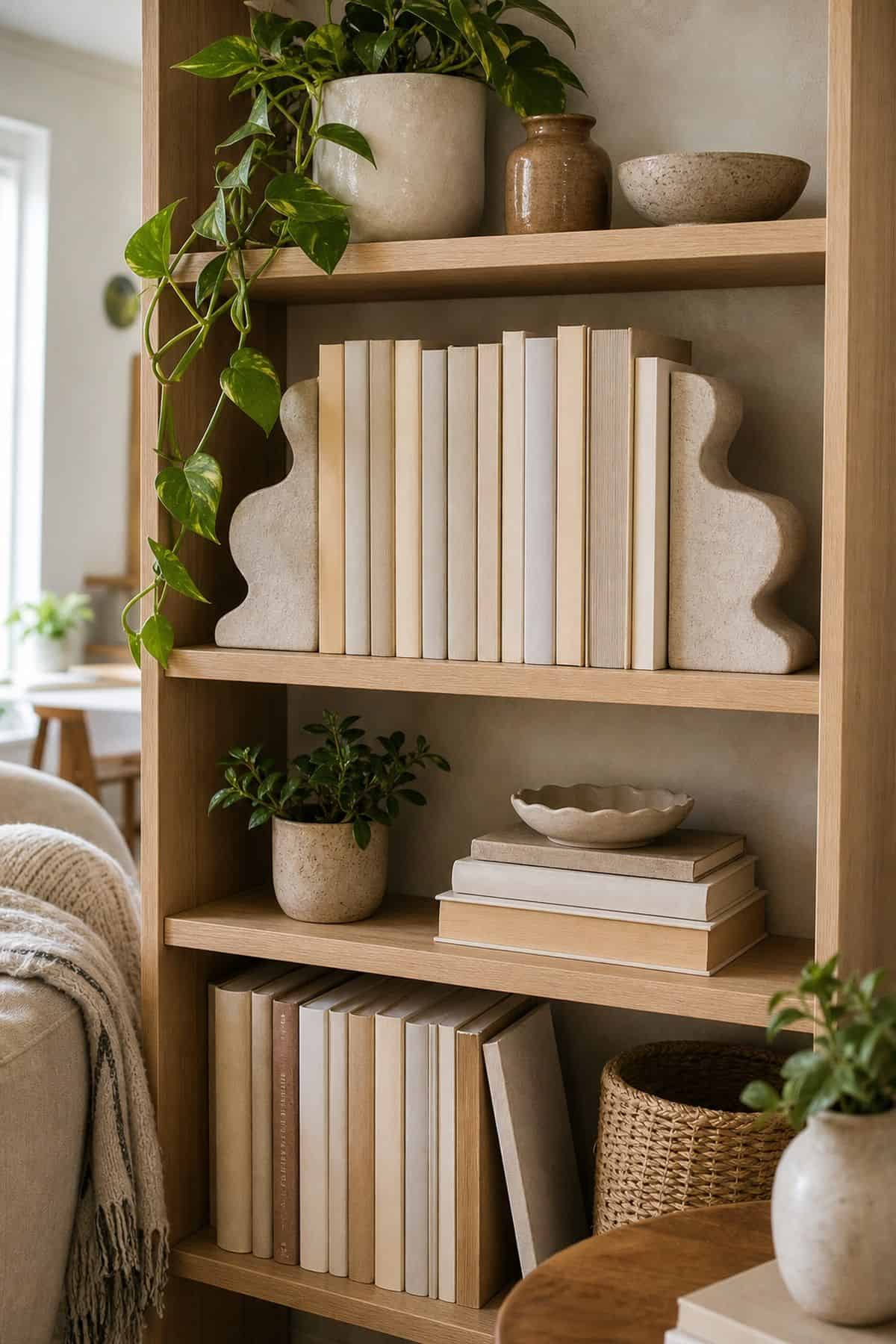 A Pair of Sculptural Bookends on a summer styled small apartment bookshelf