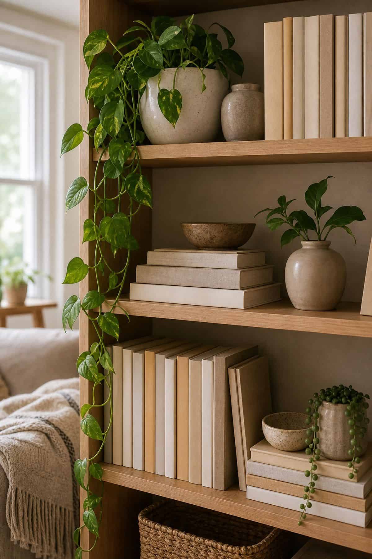 A Trailing Pothos or String of Pearls Plant on a summer styled small apartment bookshelf