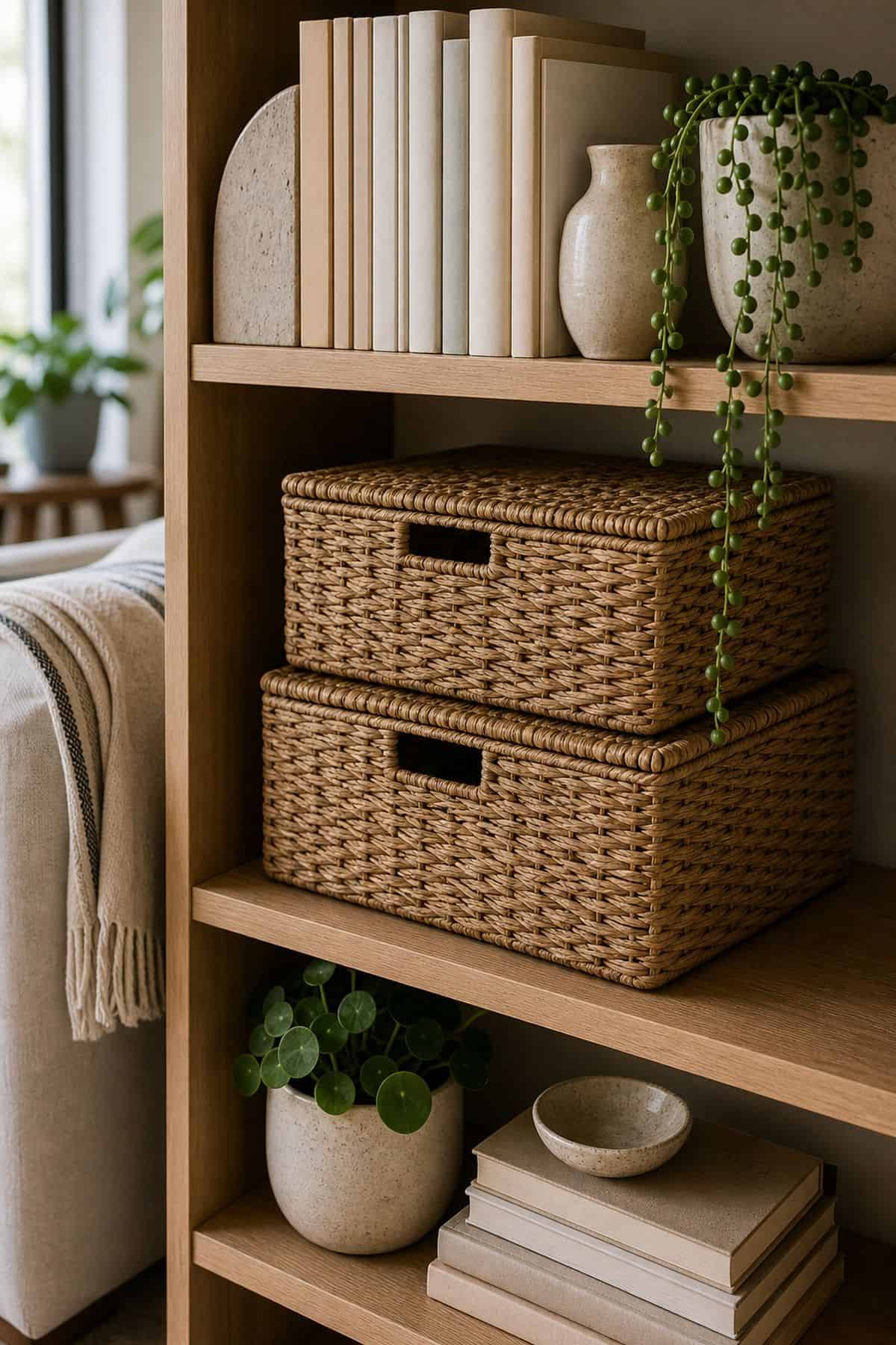 A Stack of Two Woven Storage Baskets on a summer styled small apartment bookshelf