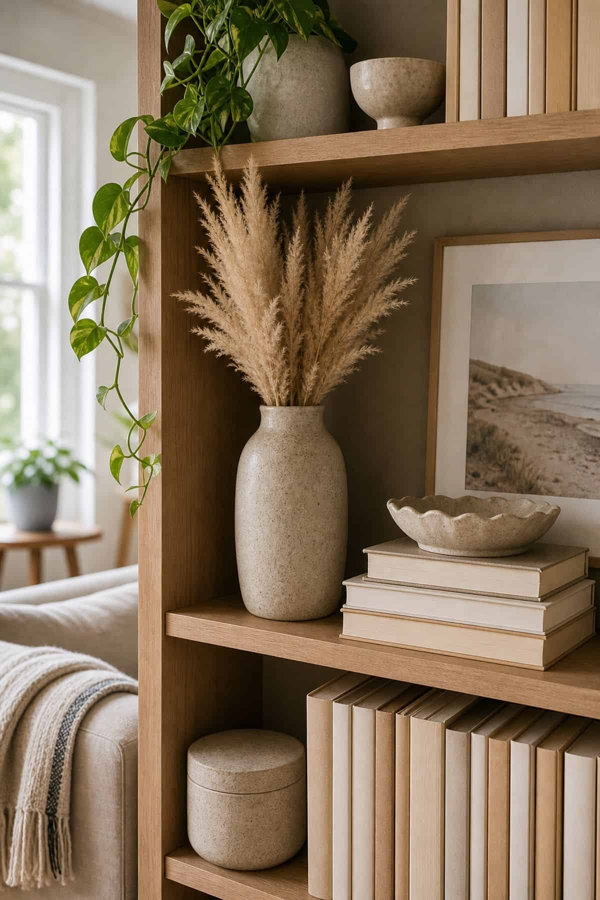 A Single Tall Stoneware Vase With Dried Pampas on a summer styled small apartment bookshelf