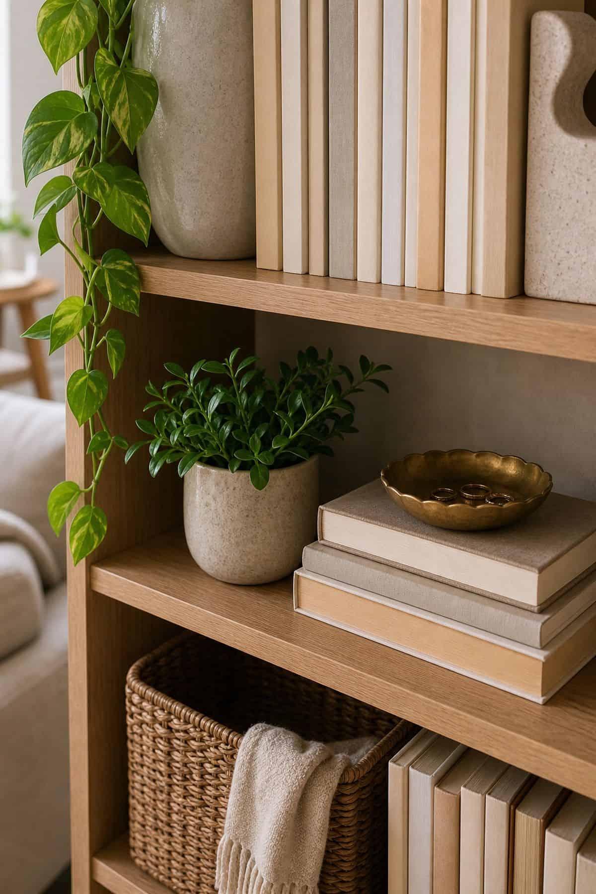 A Small Brass or Stoneware Trinket Dish on a summer styled small apartment bookshelf