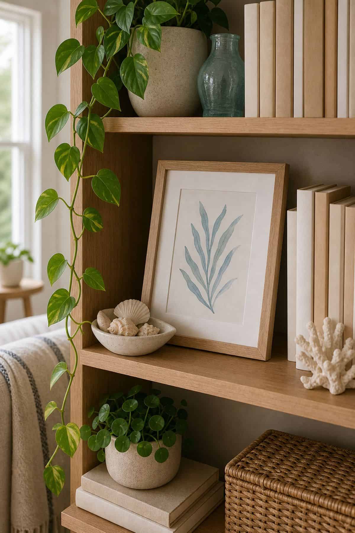 A Small Framed Botanical or Coastal Print Leaning on a summer styled small apartment bookshelf