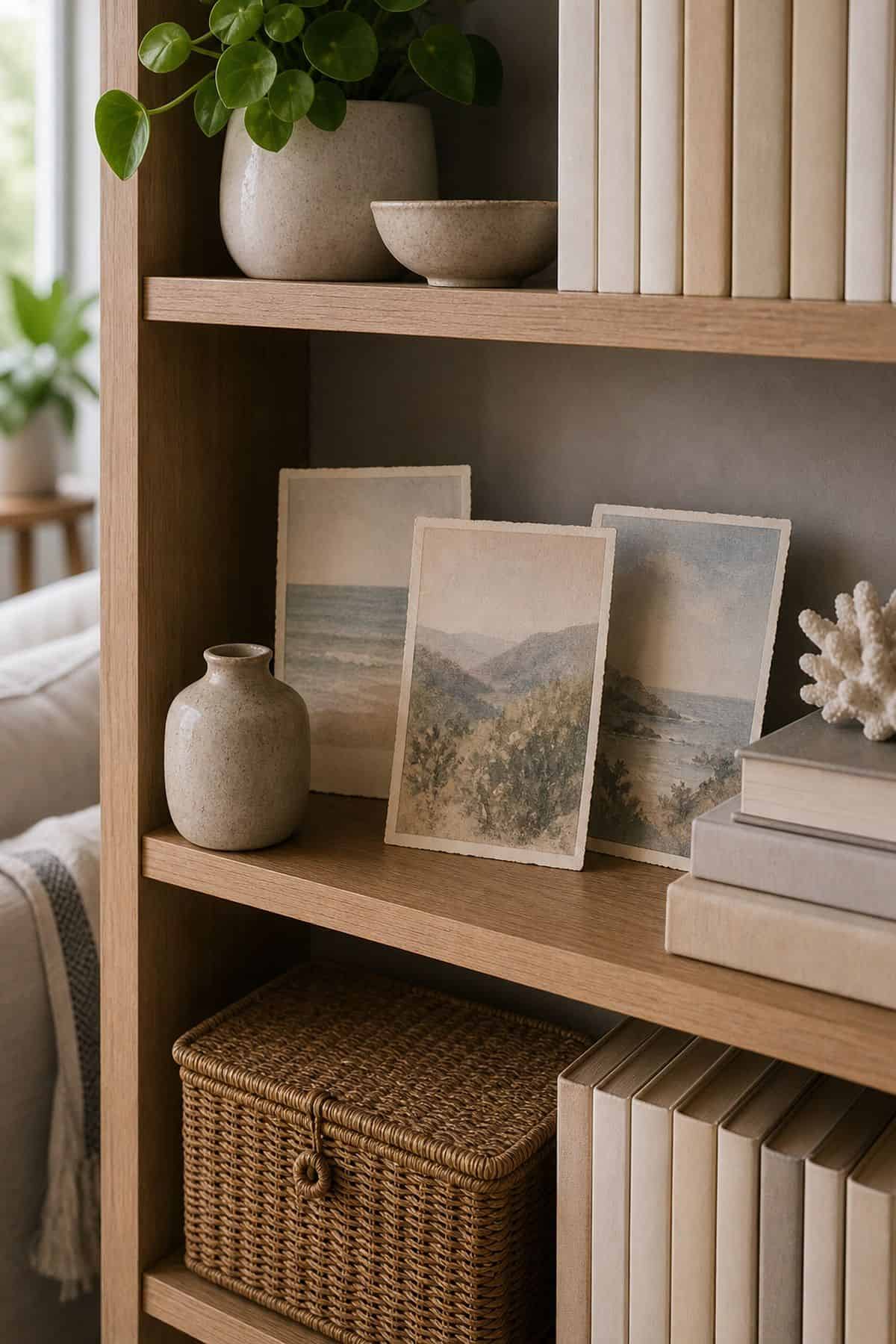 A Cluster of Three Vintage Postcards on a summer styled small apartment bookshelf