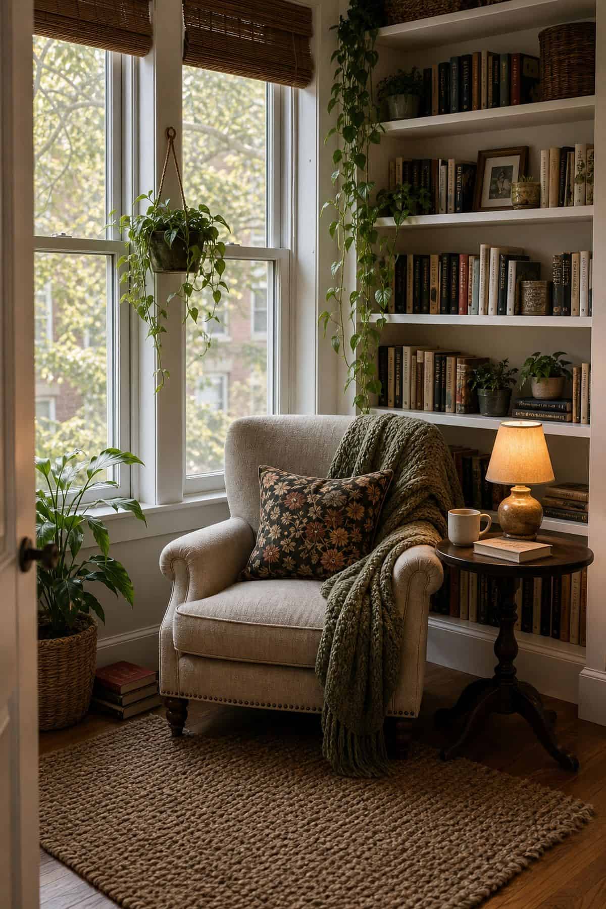 A Small Stack of Cream and Sage Coffee Table Books on a summer styled small apartment bookshelf