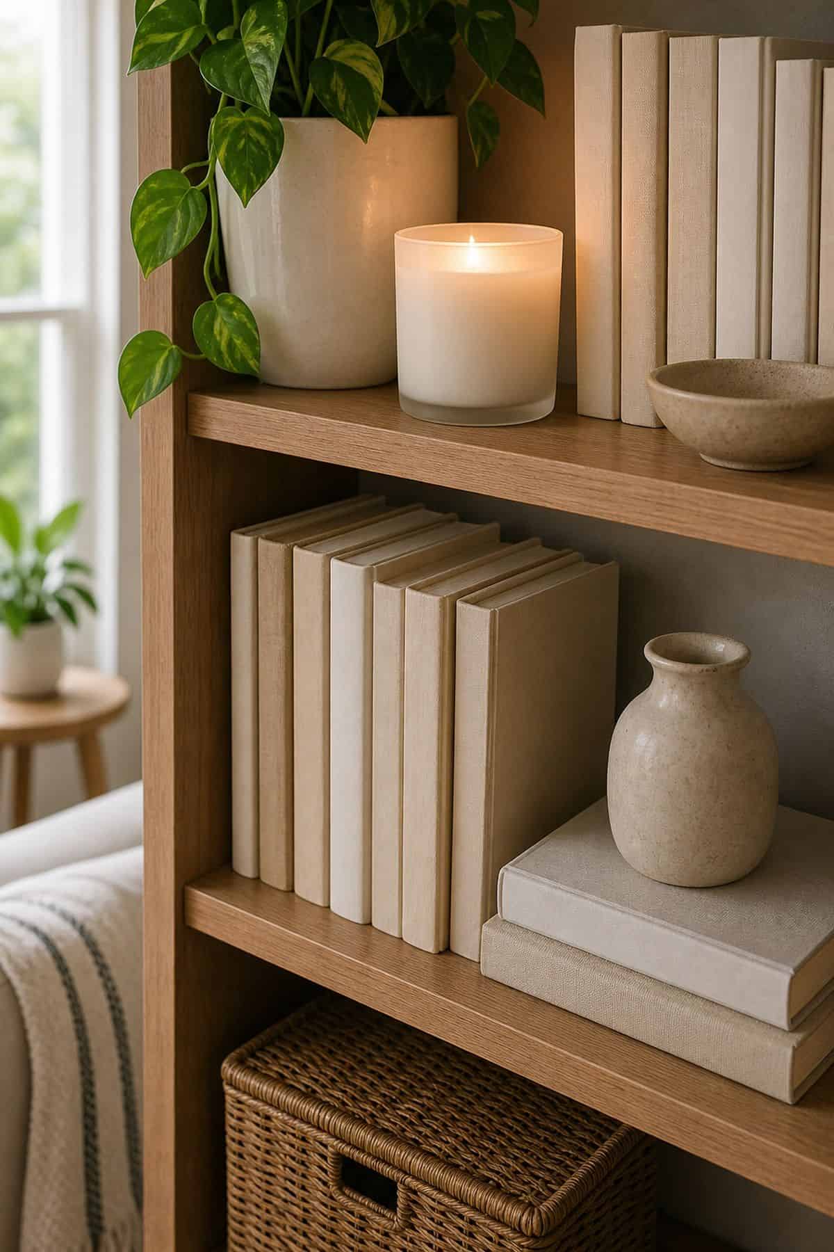 A Sea Salt or Citrus Candle on the Top Shelf on a summer styled small apartment bookshelf