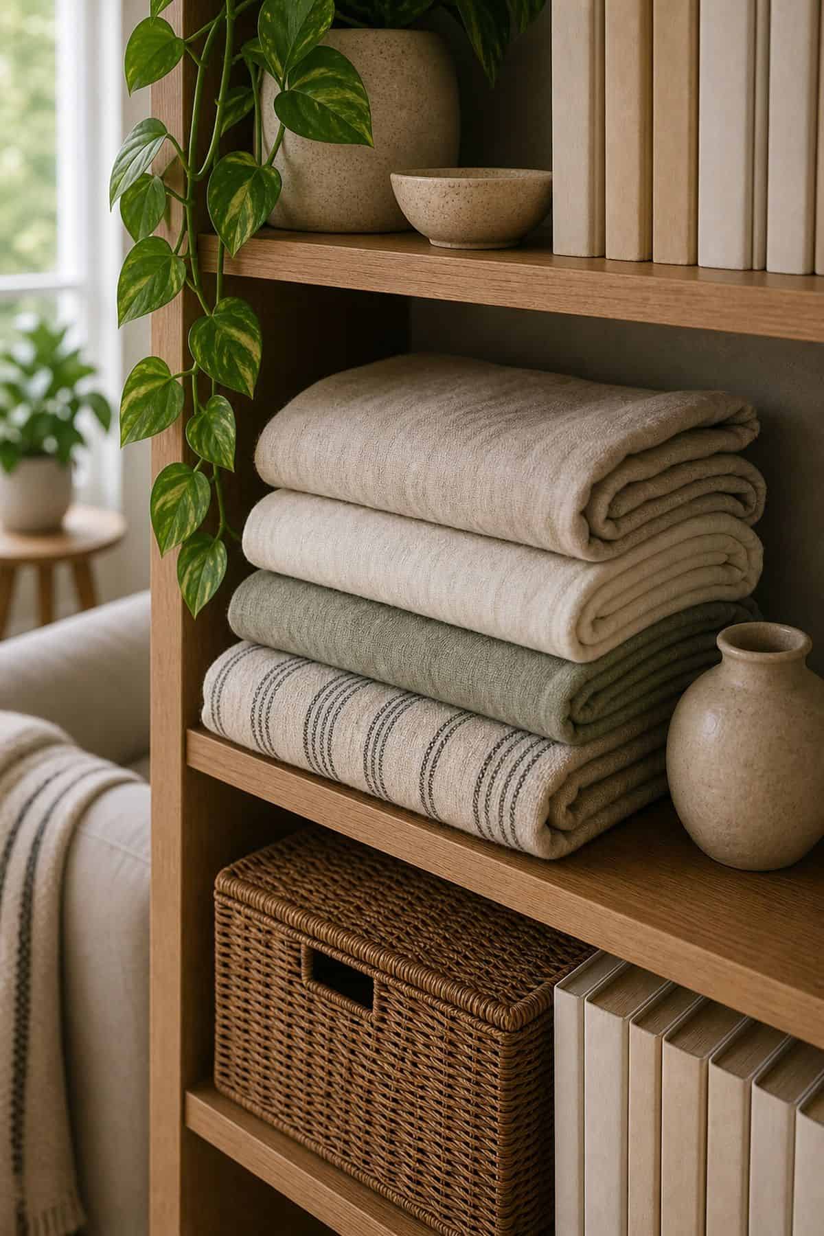 A Stack of Folded Linen Throws on a summer styled small apartment bookshelf