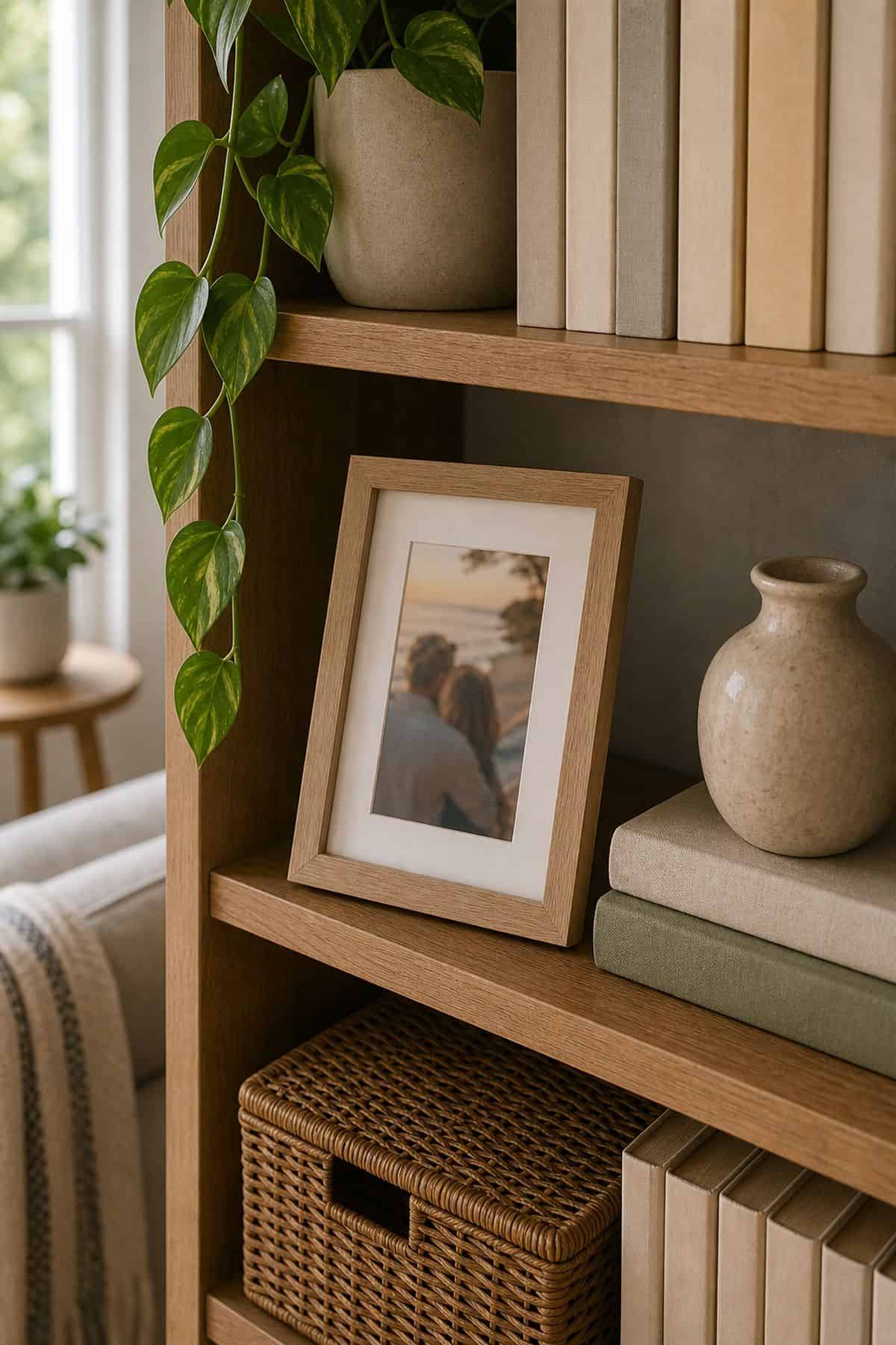 A Single Personal Photo Frame on a summer styled small apartment bookshelf