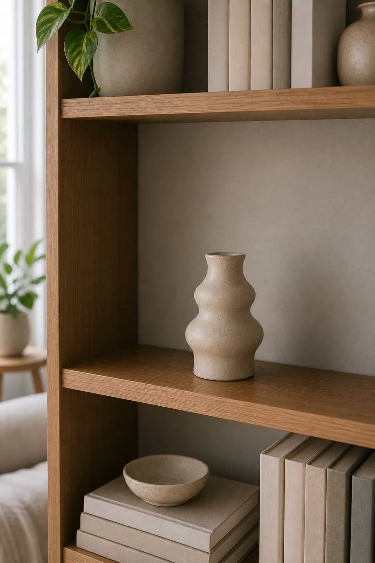 A Negative Space Shelf With One Single Object on a summer styled small apartment bookshelf