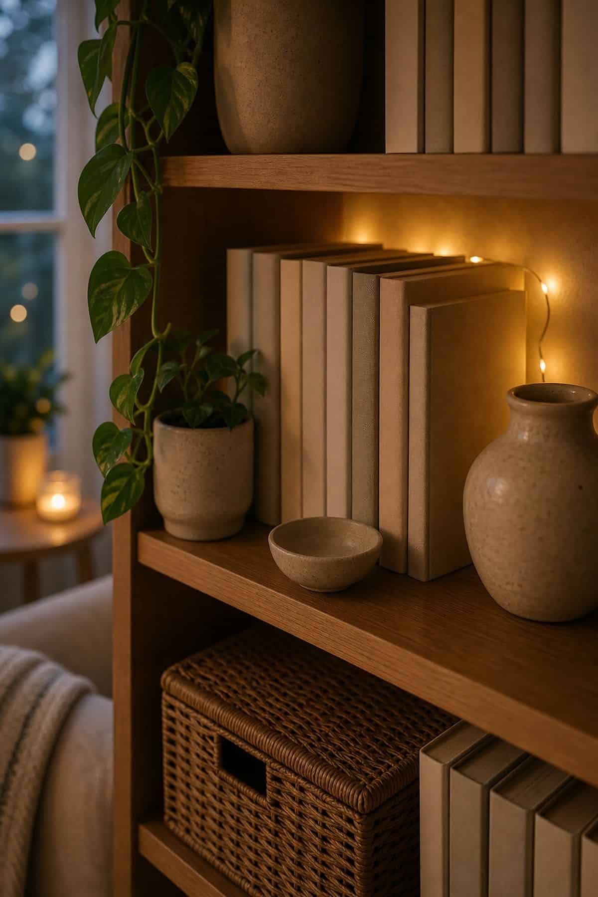 A Soft String Light Tucked Behind Books on a summer styled small apartment bookshelf