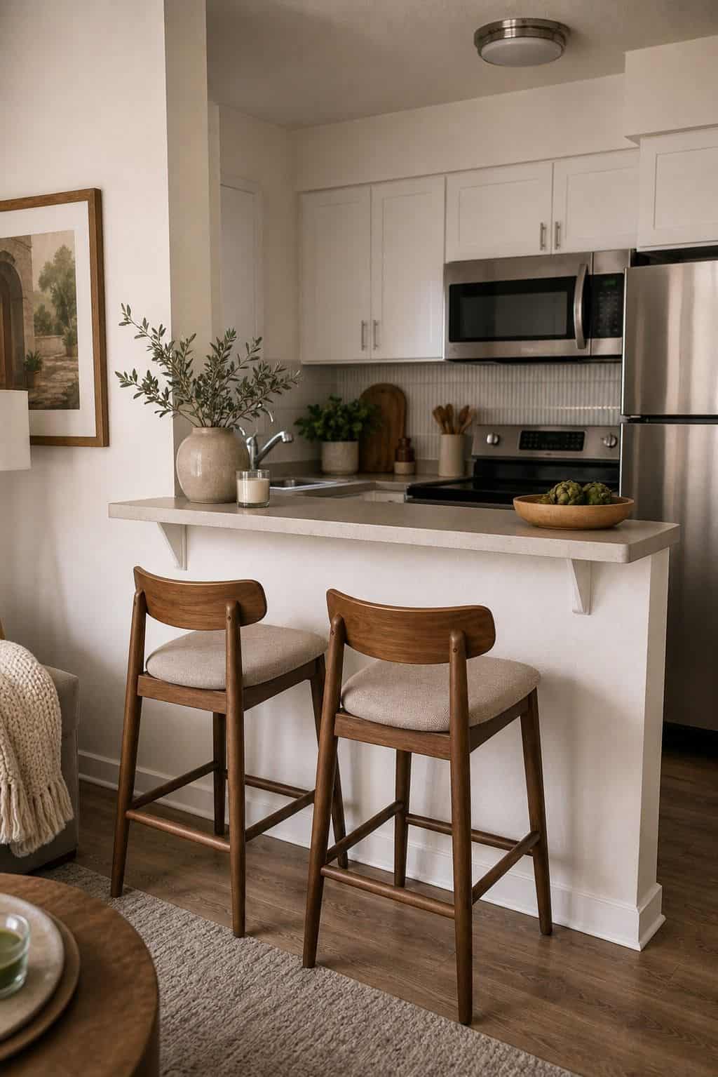 Counter-Height Wood Stools breakfast counter idea in a small apartment kitchen