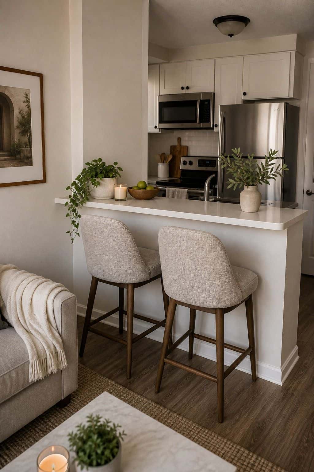 Upholstered Counter Stools breakfast counter idea in a small apartment kitchen