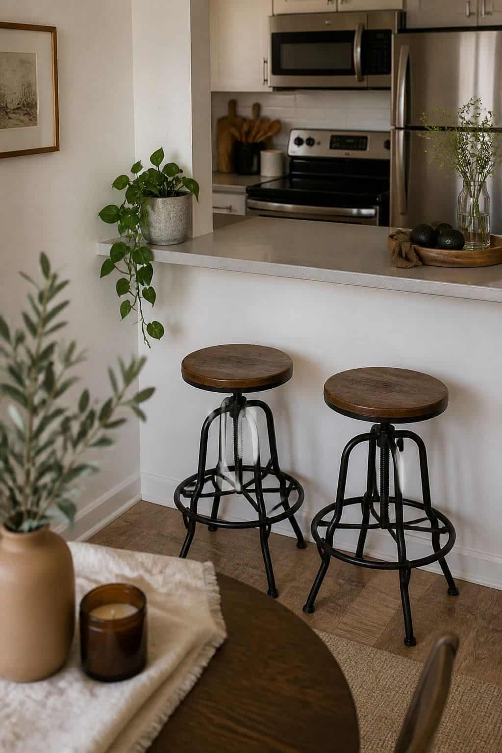 Metal-and-Wood Industrial breakfast counter idea in a small apartment kitchen