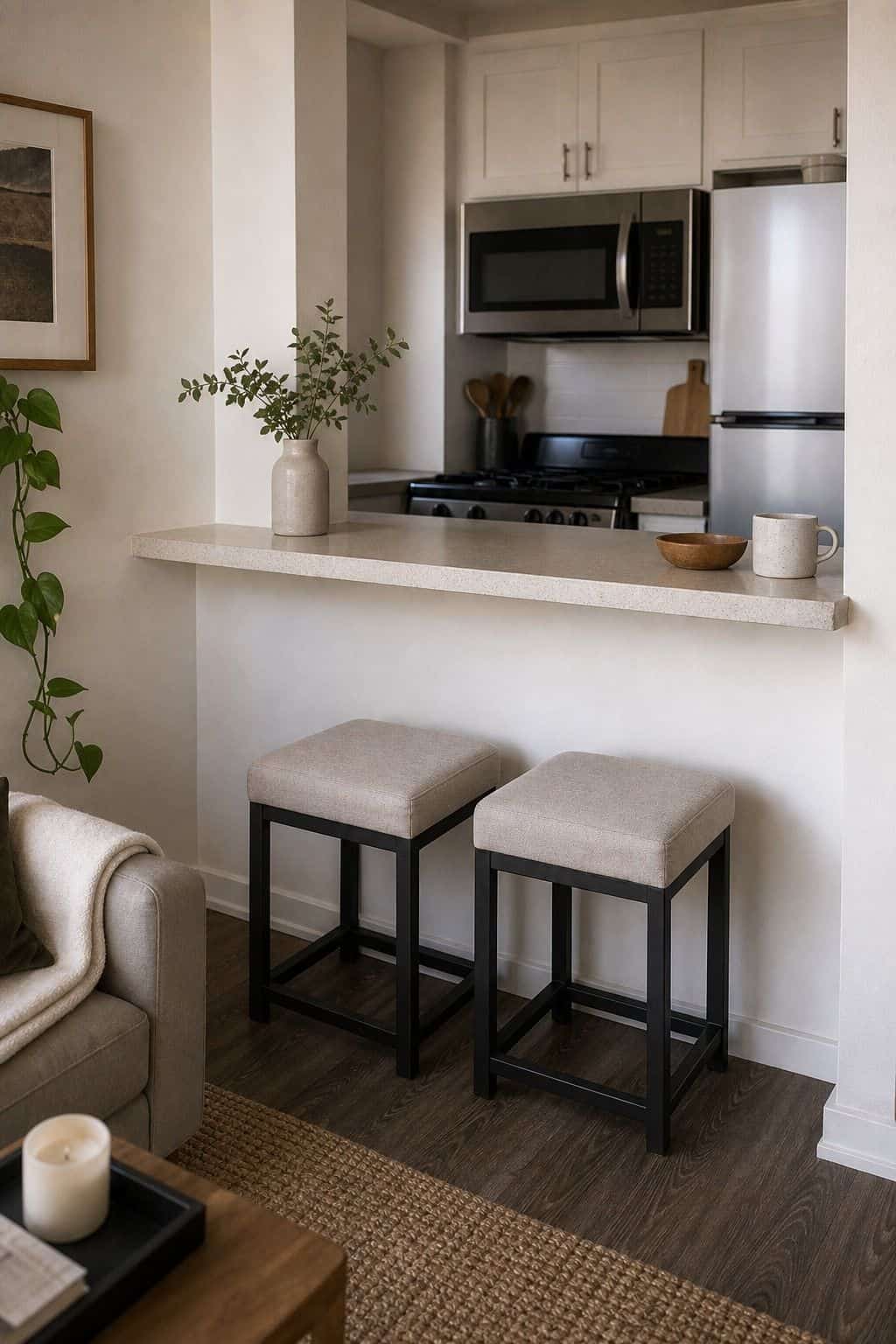 Backless Stools breakfast counter idea in a small apartment kitchen