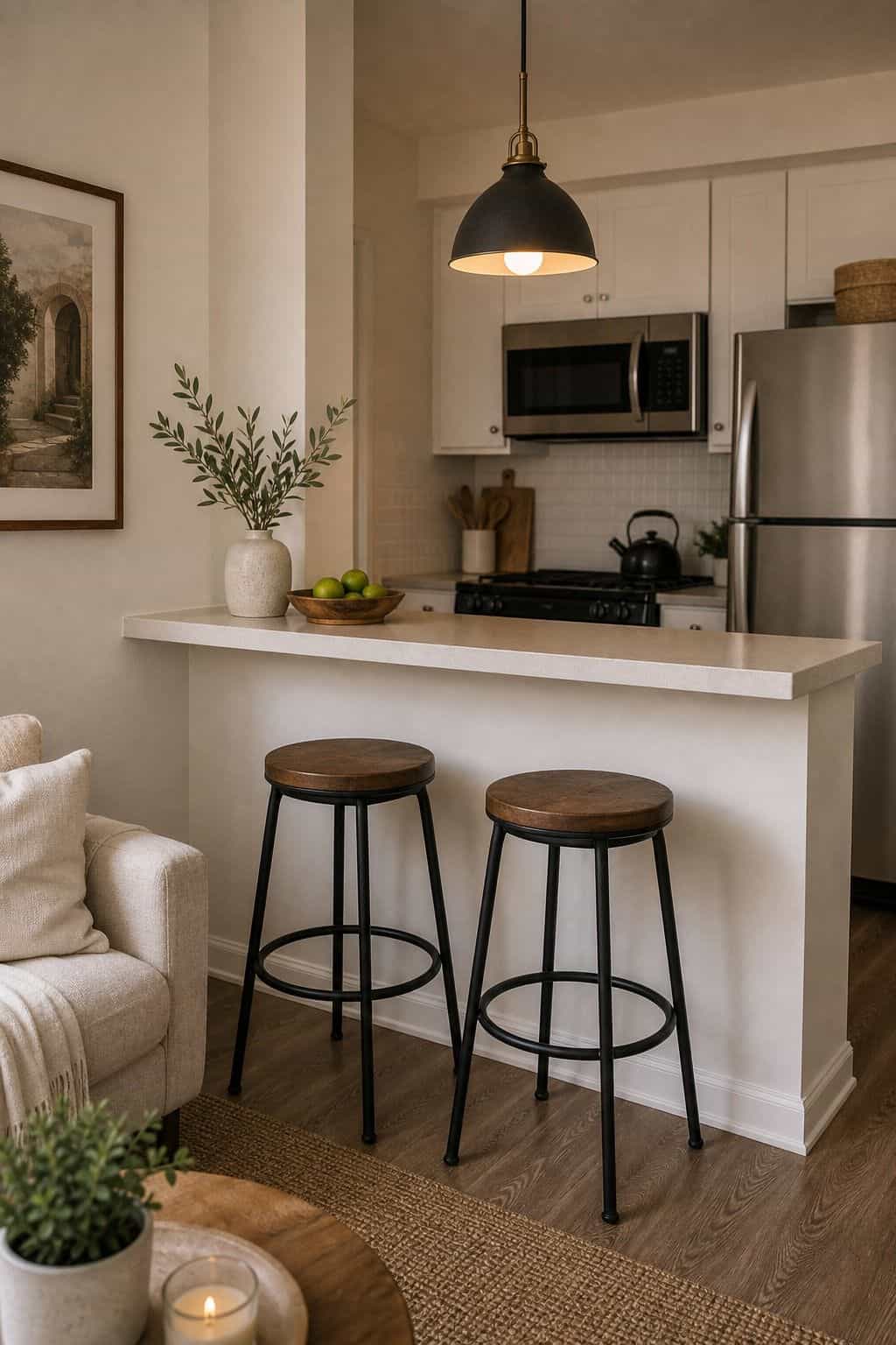 Single Statement Pendant breakfast counter idea in a small apartment kitchen