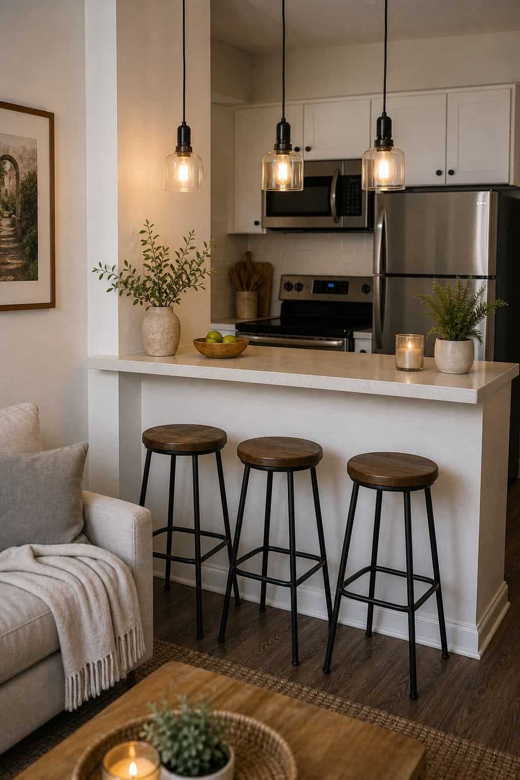 Three Small Pendants breakfast counter idea in a small apartment kitchen
